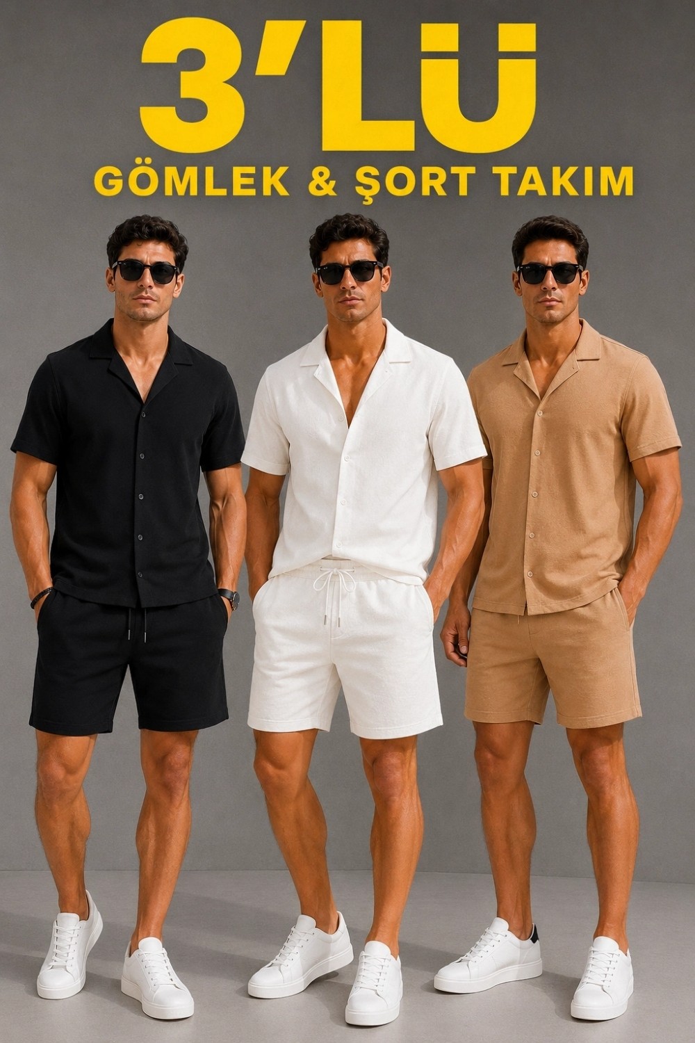 Pileli Store Erkek 3’lü Krep Kumaş Cepli Gömlek Şort Takım Kısa Kollu Bağcıklı - Siyah , Beyaz , Bej