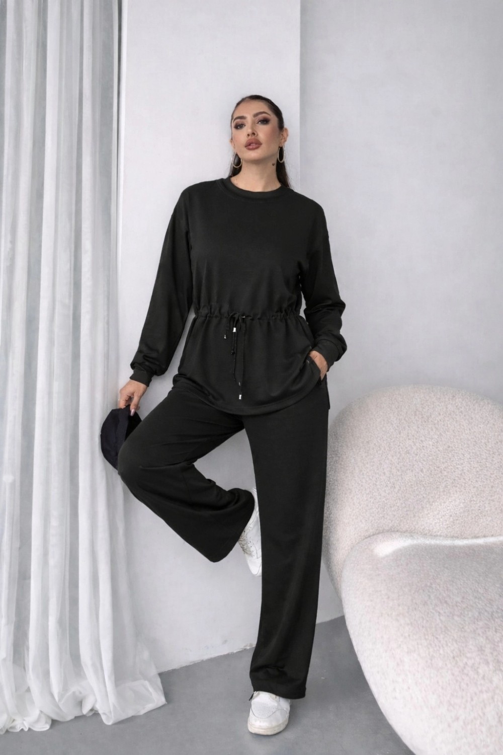 Pileli Store Kadın Uzun Kollu Bisiklet Yaka Belden Büzgülü Bağcıklı Viskon Iki Iplik Bluz ve Pantolon Ikili Takım
