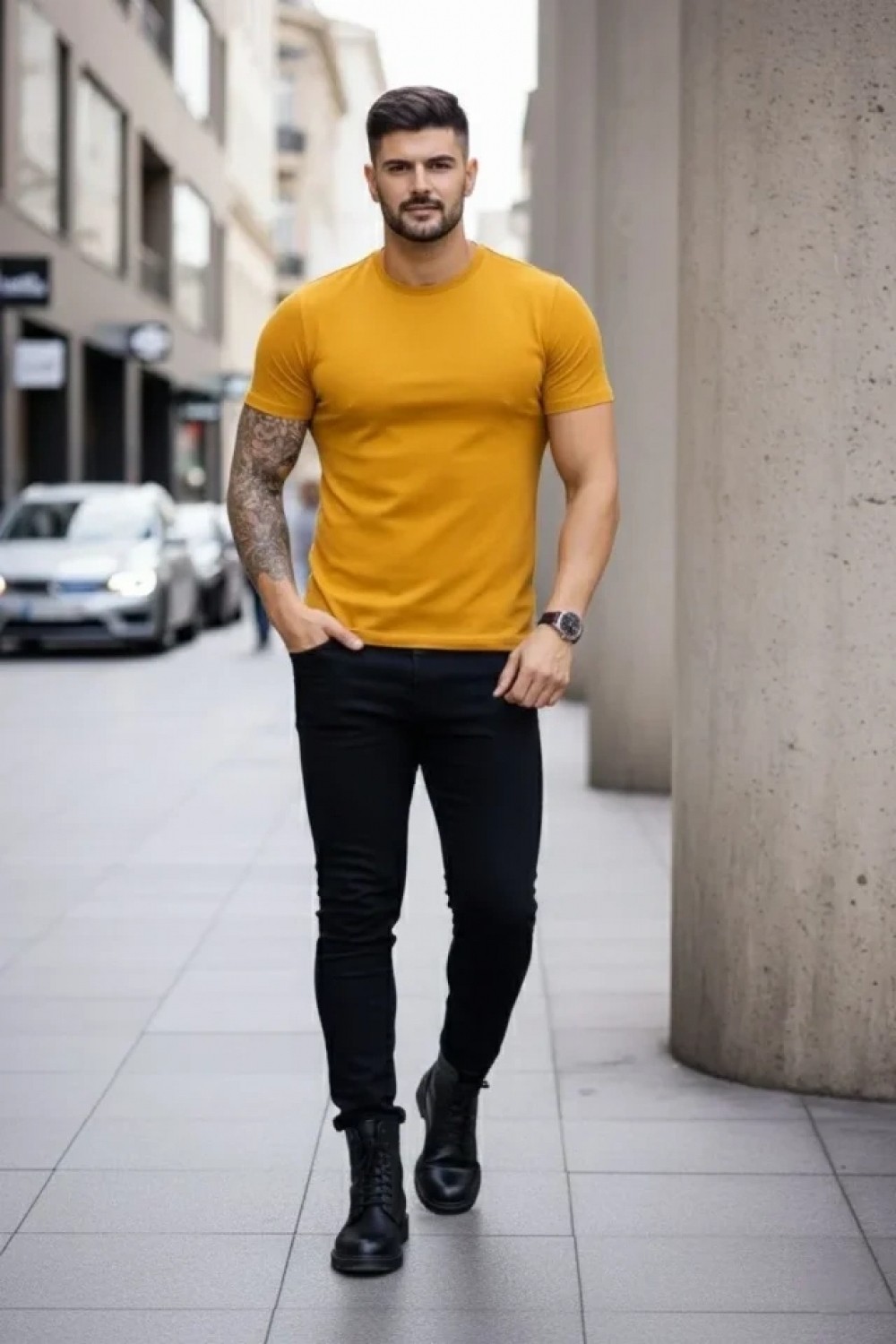 Pileli Store Erkek T-Shirt Bisiklet Yaka Slim Fit Dar Kesim Likralı Tişört Günlük Basic Body - Limon görsel 2