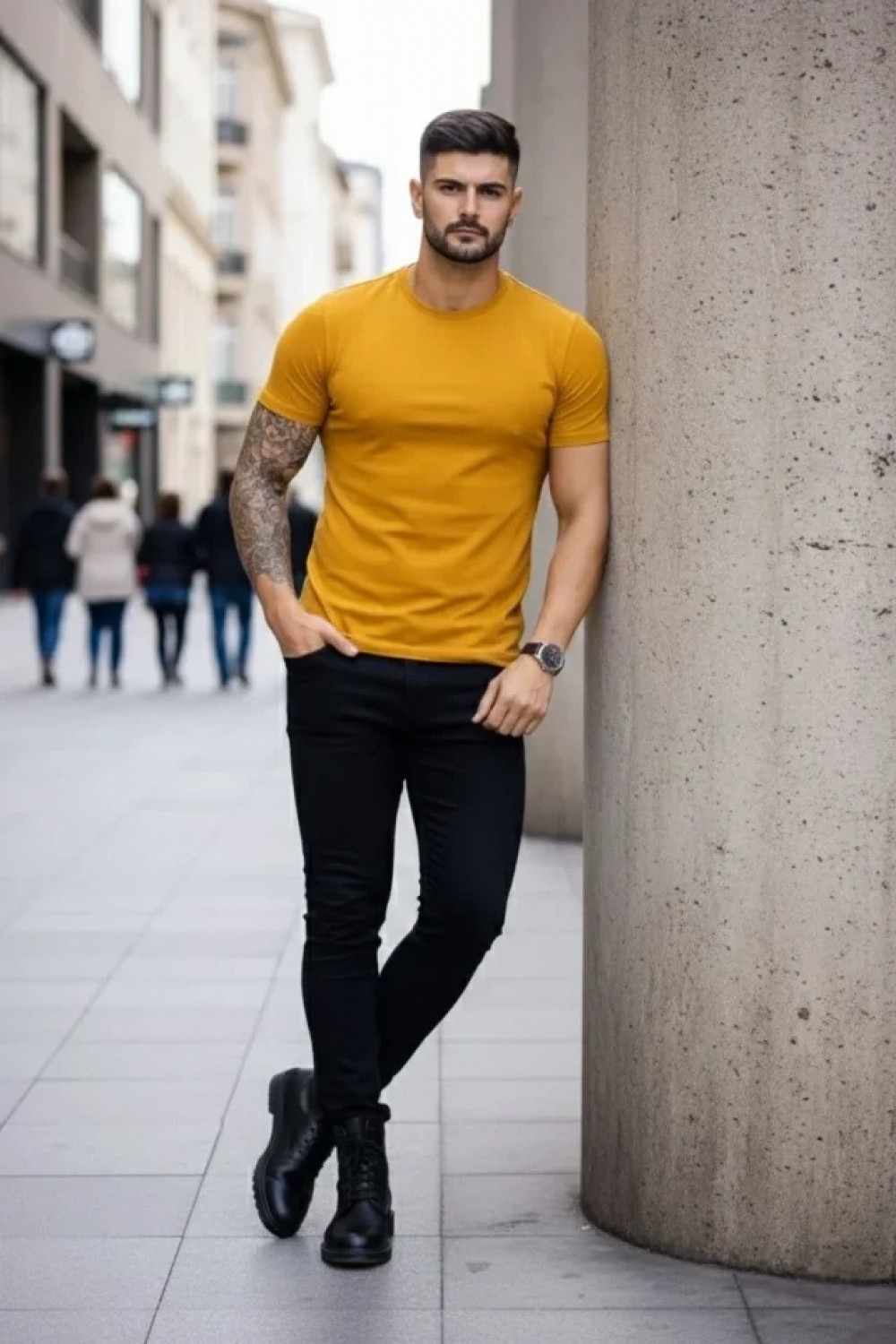Pileli Store Erkek T-Shirt Bisiklet Yaka Slim Fit Dar Kesim Likralı Tişört Günlük Basic Body - Limon görsel 3