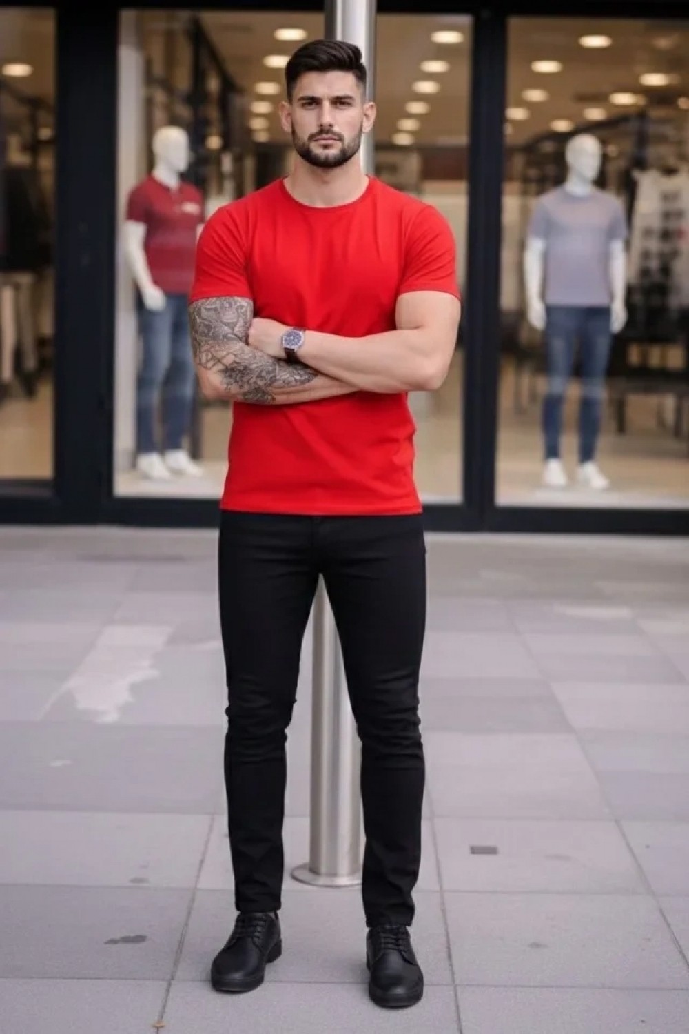 Pileli Store Erkek T-Shirt Bisiklet Yaka Slim Fit Dar Kesim Likralı Tişört Günlük Basic Body - Kırmızı görsel 2