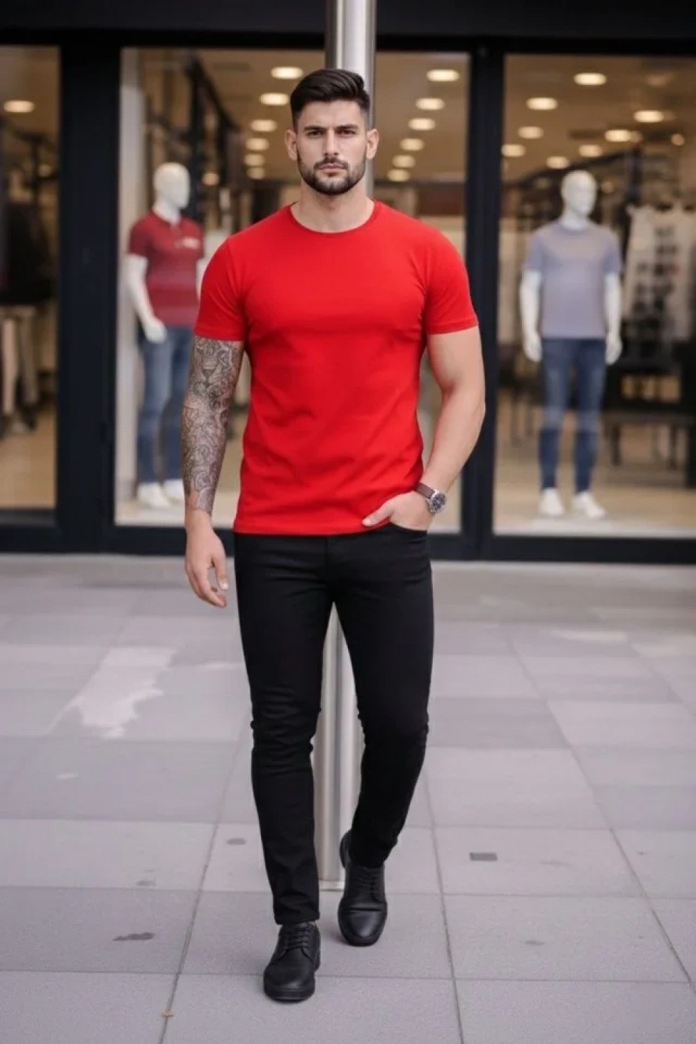 Pileli Store Erkek T-Shirt Bisiklet Yaka Slim Fit Dar Kesim Likralı Tişört Günlük Basic Body - Kırmızı görsel 3