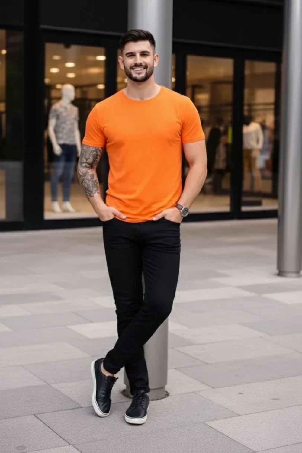 Pileli Store Erkek T-Shirt Bisiklet Yaka Slim Fit Dar Kesim Likralı Tişört Günlük Basic Body - Turuncu görsel 3