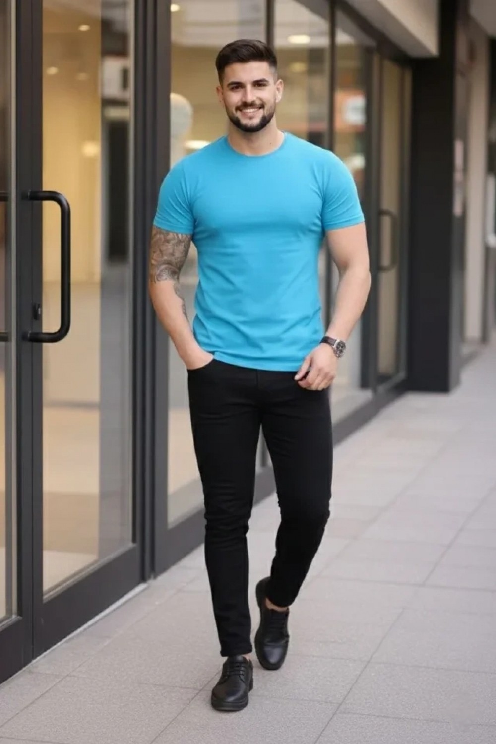 Pileli Store Erkek T-Shirt Bisiklet Yaka Slim Fit Dar Kesim Likralı Tişört Günlük Basic Body - Açık Mavi görsel 2