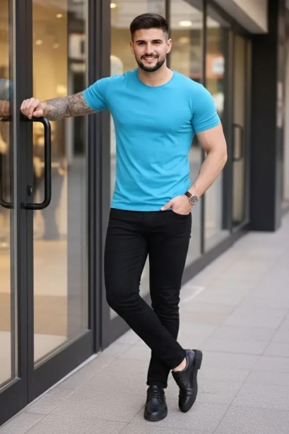 Pileli Store Erkek T-Shirt Bisiklet Yaka Slim Fit Dar Kesim Likralı Tişört Günlük Basic Body - Açık Mavi görsel 3
