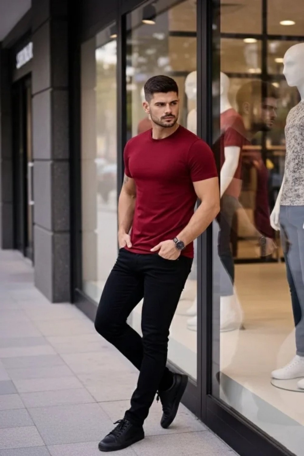 Pileli Store Erkek T-Shirt Bisiklet Yaka Slim Fit Dar Kesim Likralı Tişört Günlük Basic Body - Bordo görsel 2