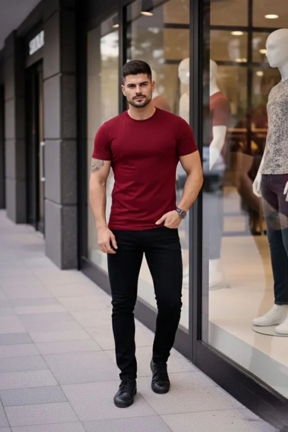 Pileli Store Erkek T-Shirt Bisiklet Yaka Slim Fit Dar Kesim Likralı Tişört Günlük Basic Body - Bordo görsel 4