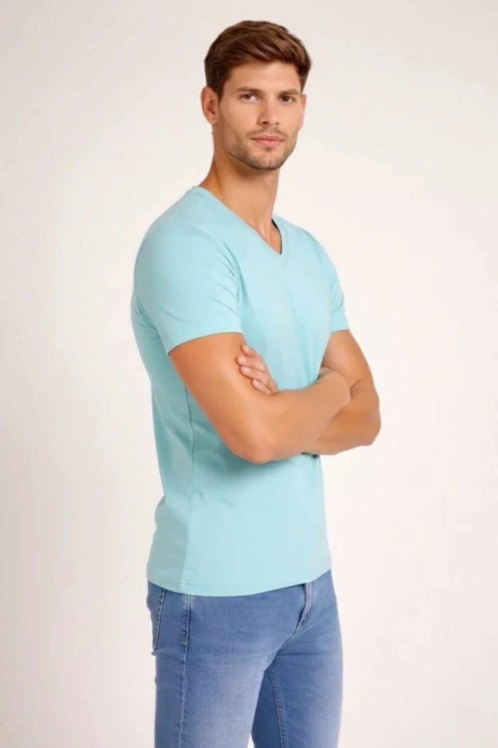 Pileli Store Erkek T-Shirt V Yaka Slim Fit Dar Kesim Likralı Tişört Günlük Basic Body - Turkuvaz