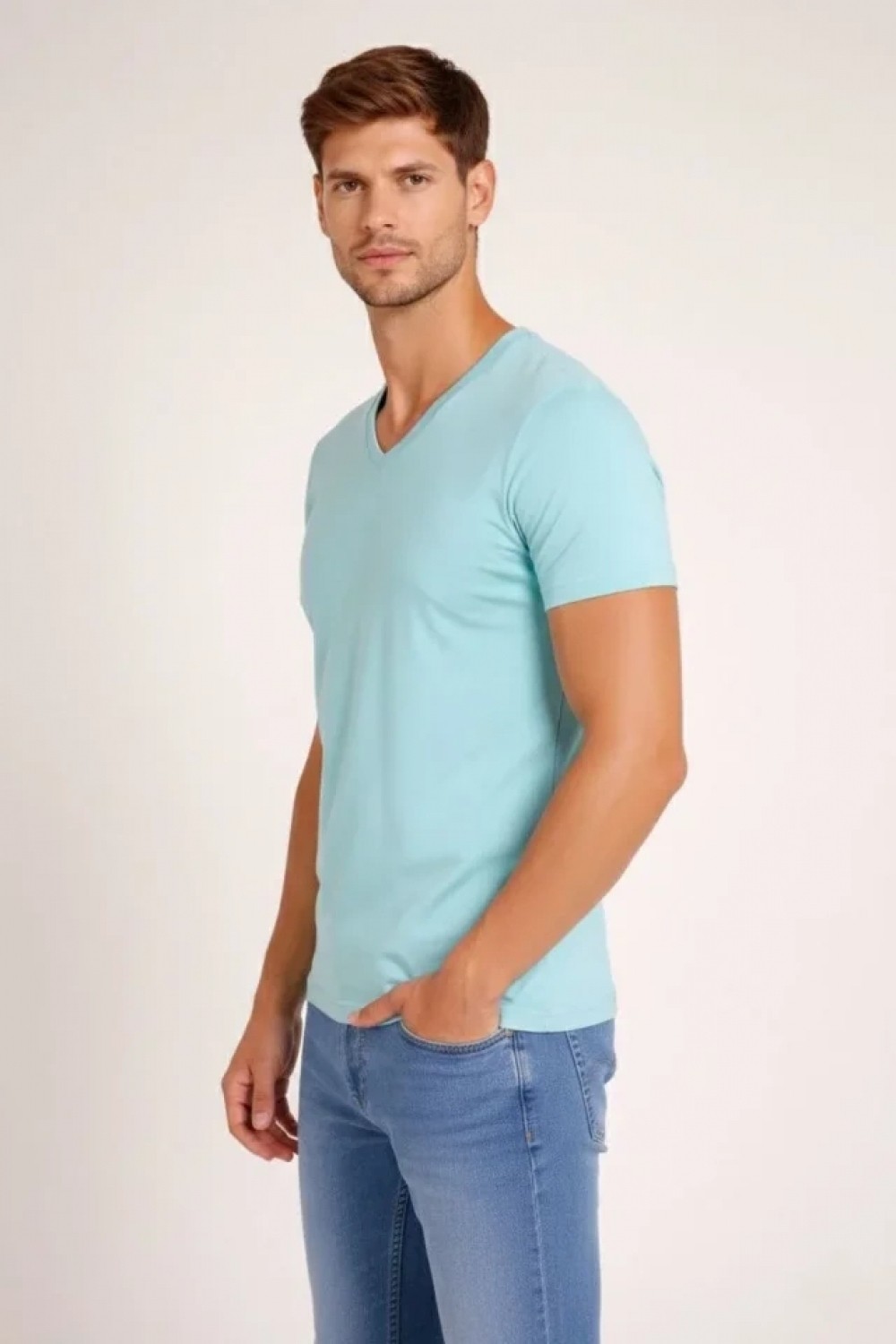 Pileli Store Erkek T-Shirt V Yaka Slim Fit Dar Kesim Likralı Tişört Günlük Basic Body - Turkuvaz görsel 2