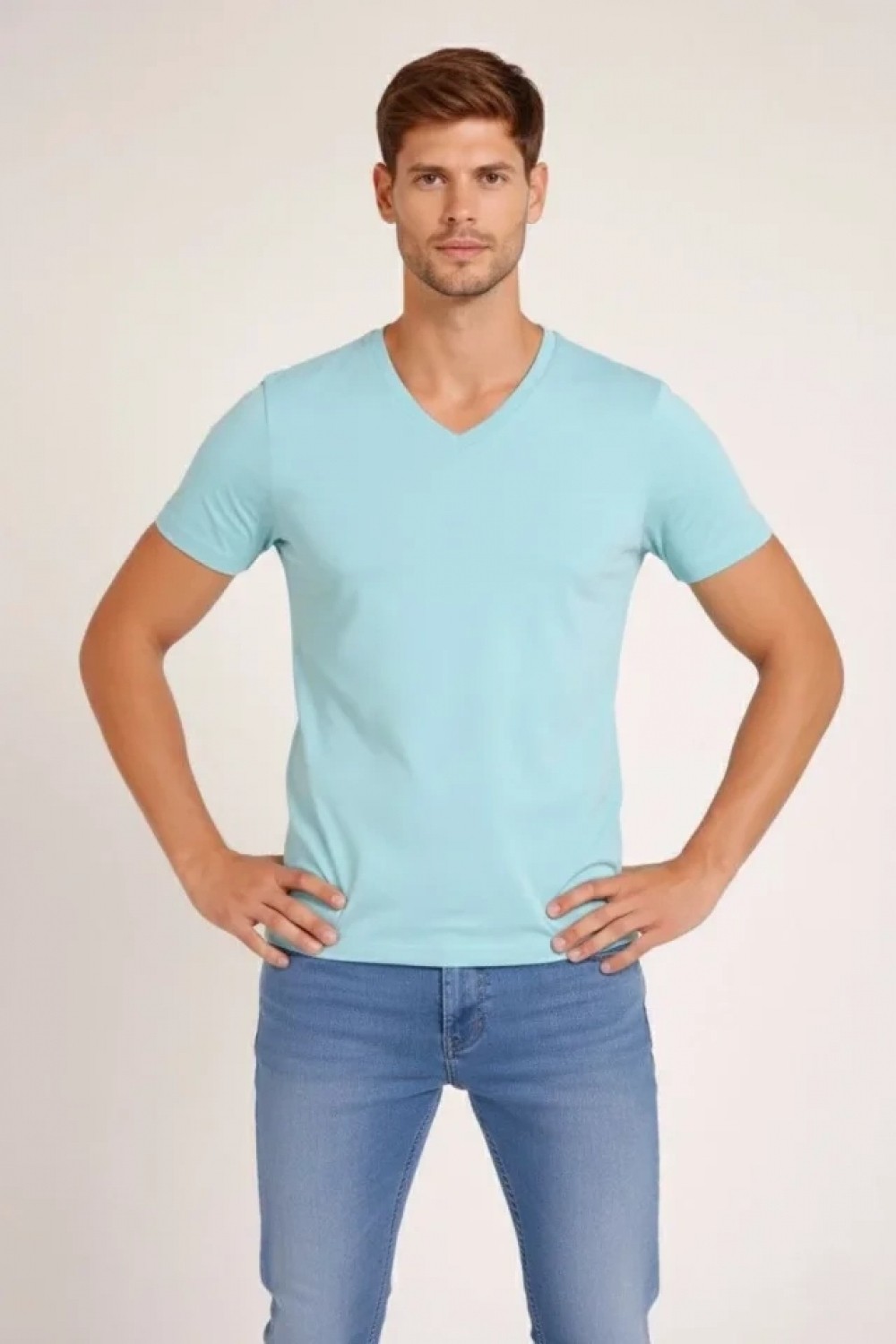 Pileli Store Erkek T-Shirt V Yaka Slim Fit Dar Kesim Likralı Tişört Günlük Basic Body - Turkuvaz görsel 4