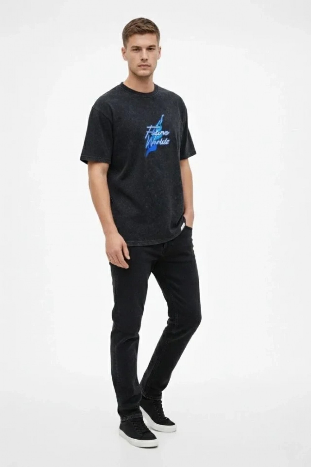 Pileli Store Erkek Asit Yıkamalı Oversize Tişört Future Worlds Baskılı Bisiklet Yaka Kısa Kollu Streetwear %100 Pamuk Street Style T-Shirt - Siyah görsel 3
