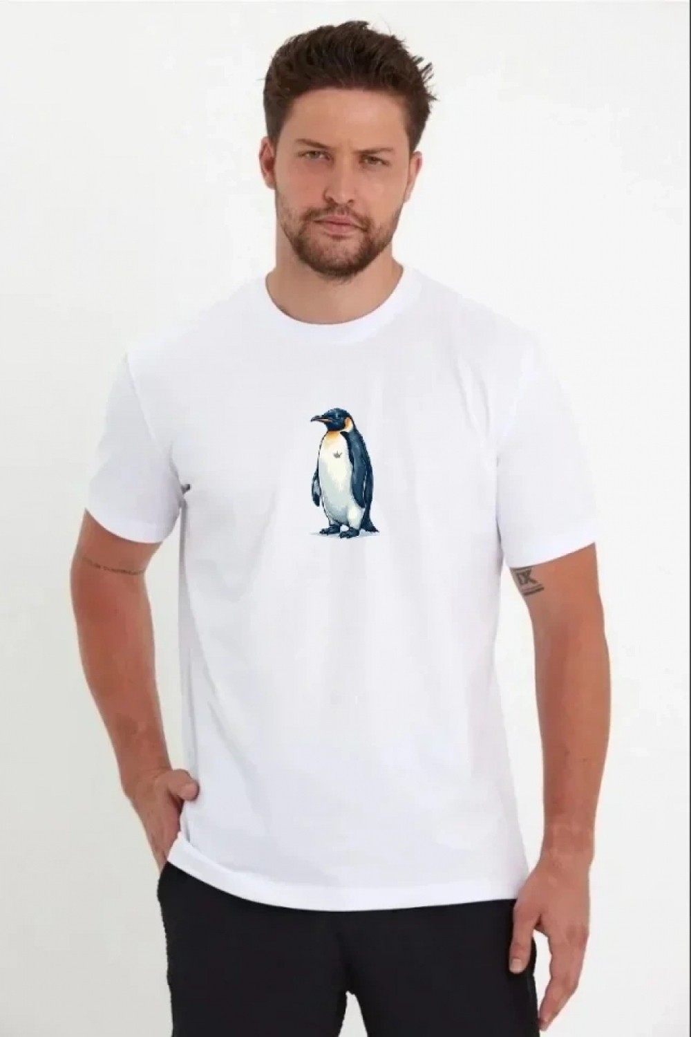 Pileli Store Erkek Oversize Tişört - Sırt Baskılı Survivor Penguin Temalı, Felsefi Yazılı Bisiklet Yaka Tişört - Beyaz görsel 2