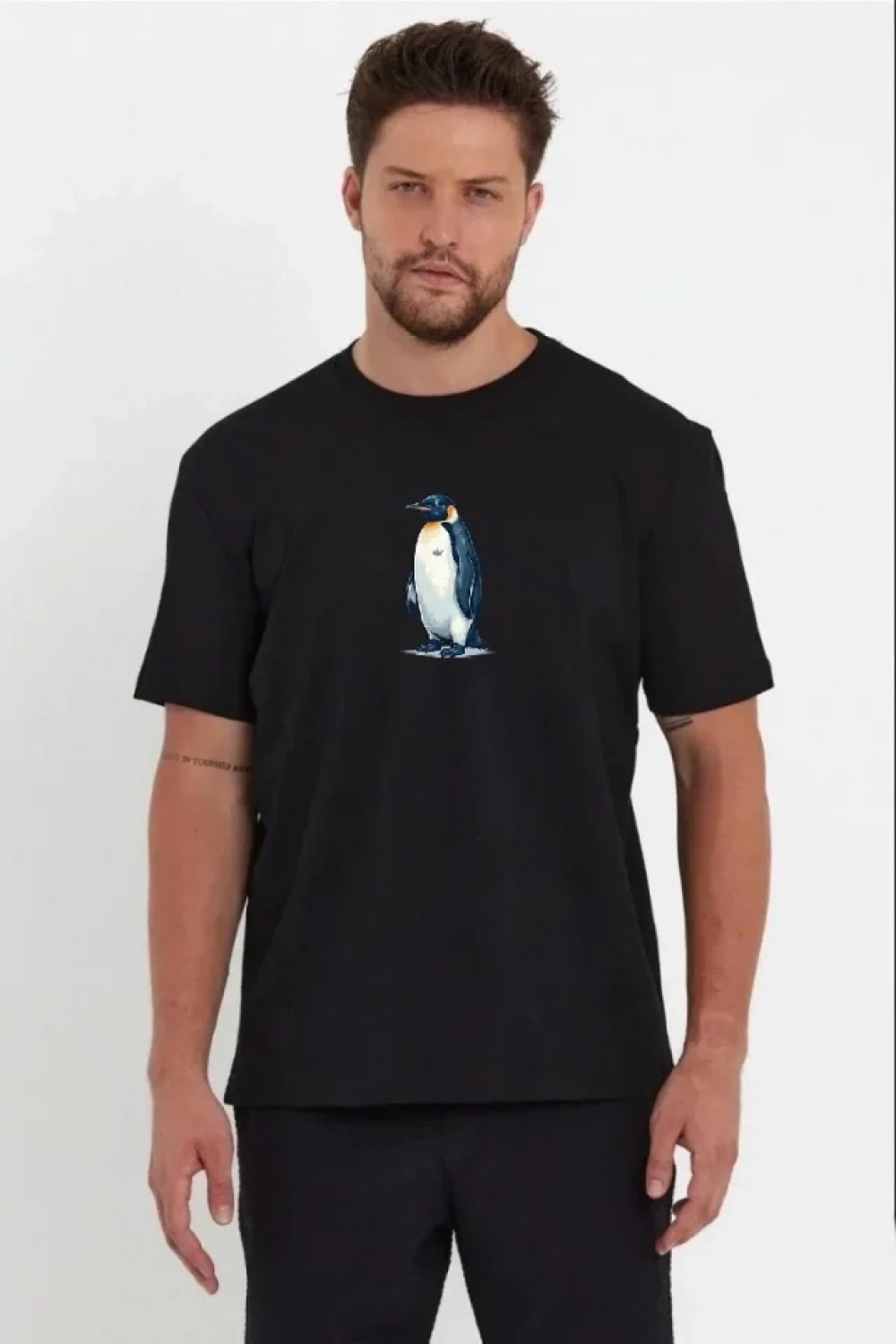 Pileli Store Erkek Oversize Tişört - Sırt Baskılı Survivor Penguin Temalı, Felsefi Yazılı Bisiklet Yaka Tişört - Siyah