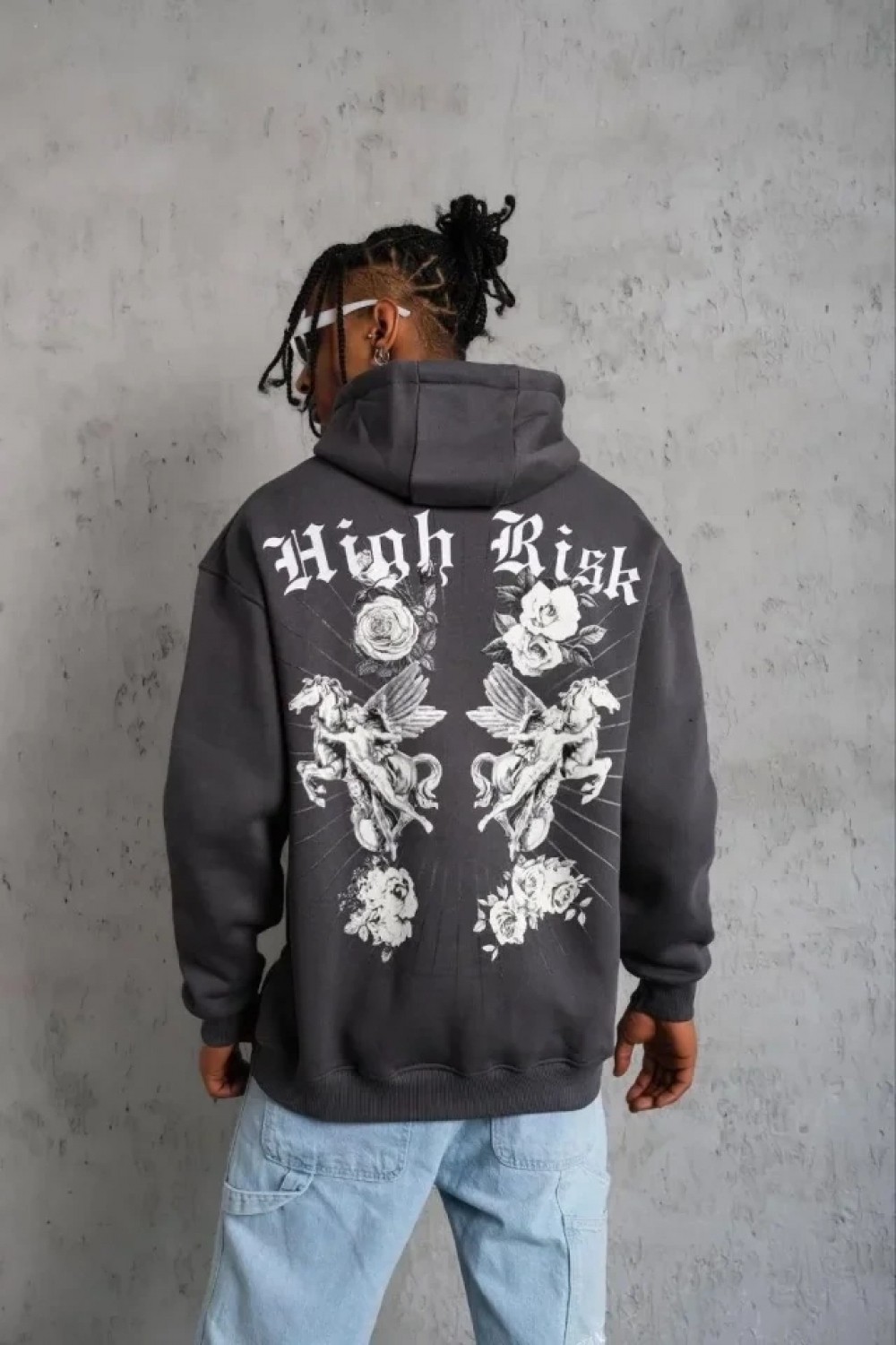 Pileli Store Erkek Baskılı Kapşonlu Sweat - Füme