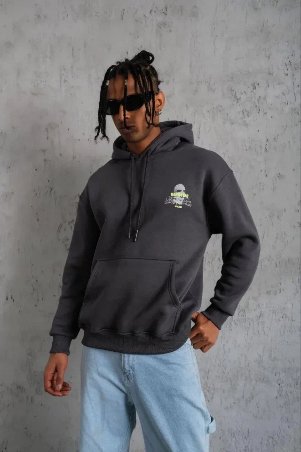 Pileli Store Erkek Kordonlu Maske Baskılı Kapşonlu Sweat - Gri görsel 2