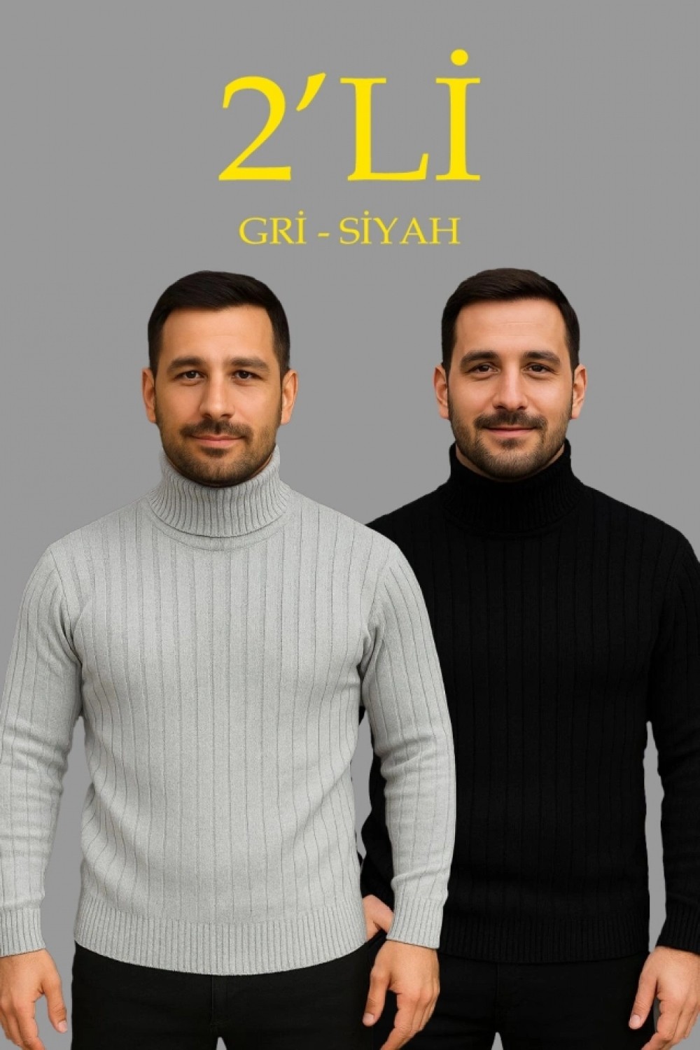 Pileli Store Erkek Fitilli Triko Kazak 2li Set Gri Siyah Regular Balıkcı Yaka Tam Boğazlı Triko Seti Modeli Kazak