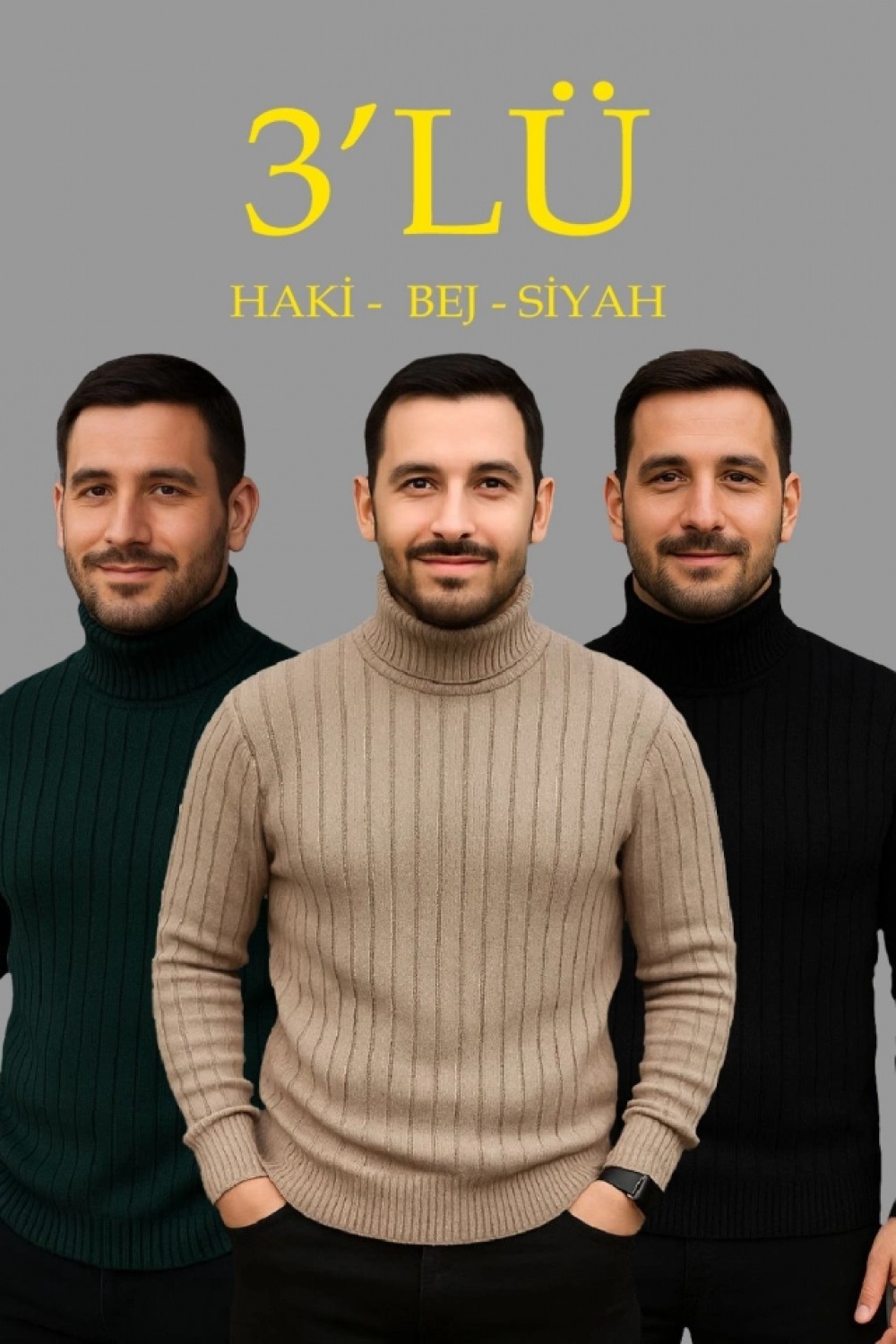 Pileli Store Erkek Fitilli Triko Kazak 3lü Set Bej Haki Siyah Regular Balıkcı Yaka Tam Boğazlı Triko Seti Modeli Kazak
