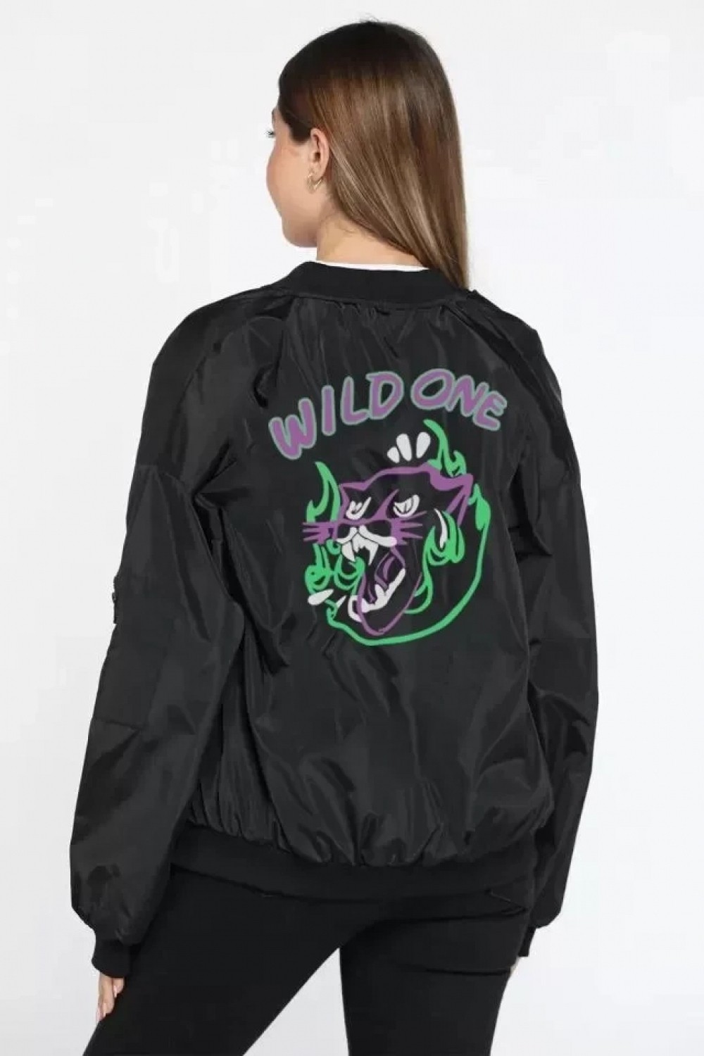 Pileli Store Unisex Uzun Kol Baskılı Bomber Ceket - Siyah