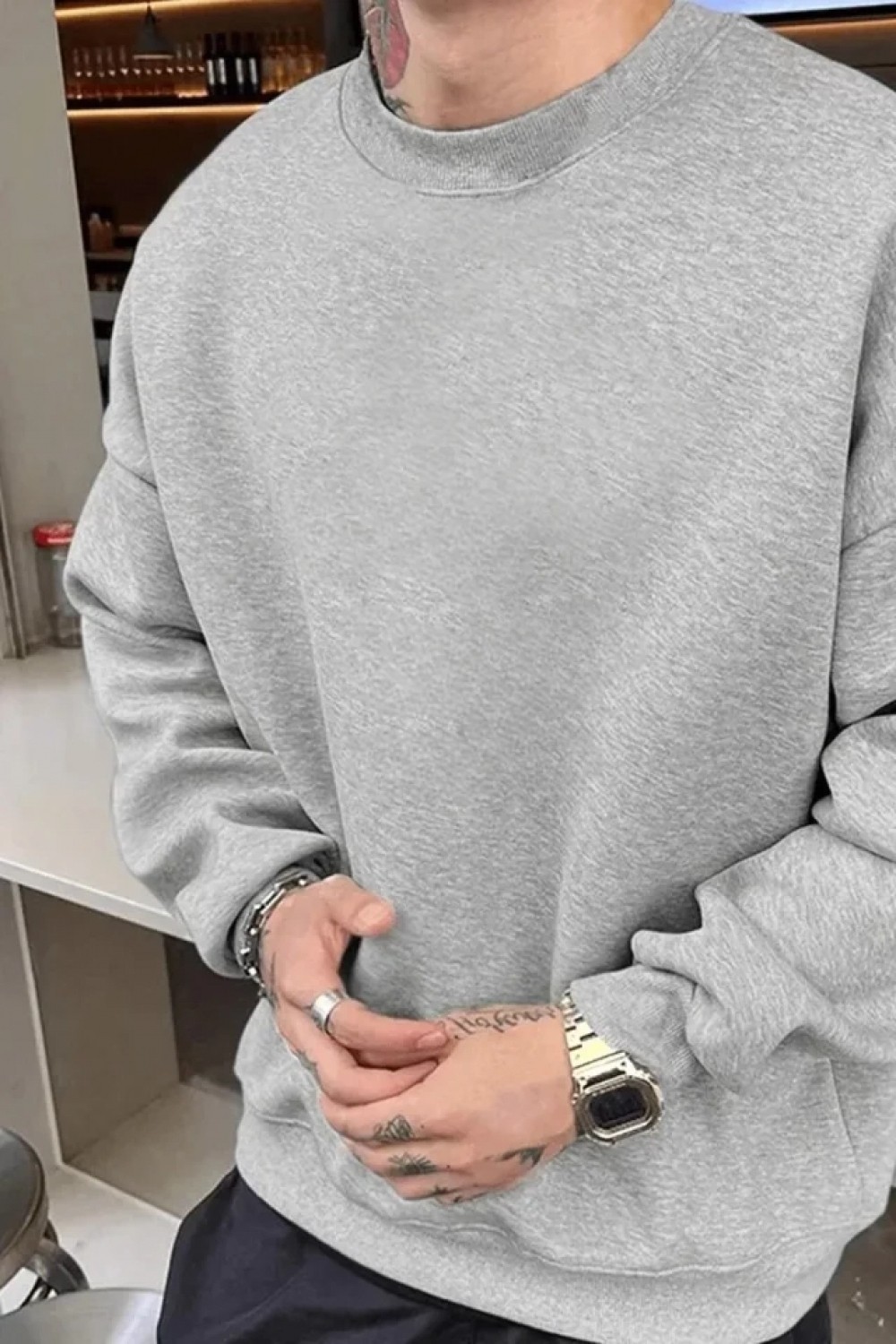 Pileli Store Erkek Düz Bisiklet Yaka Sweat - Gri