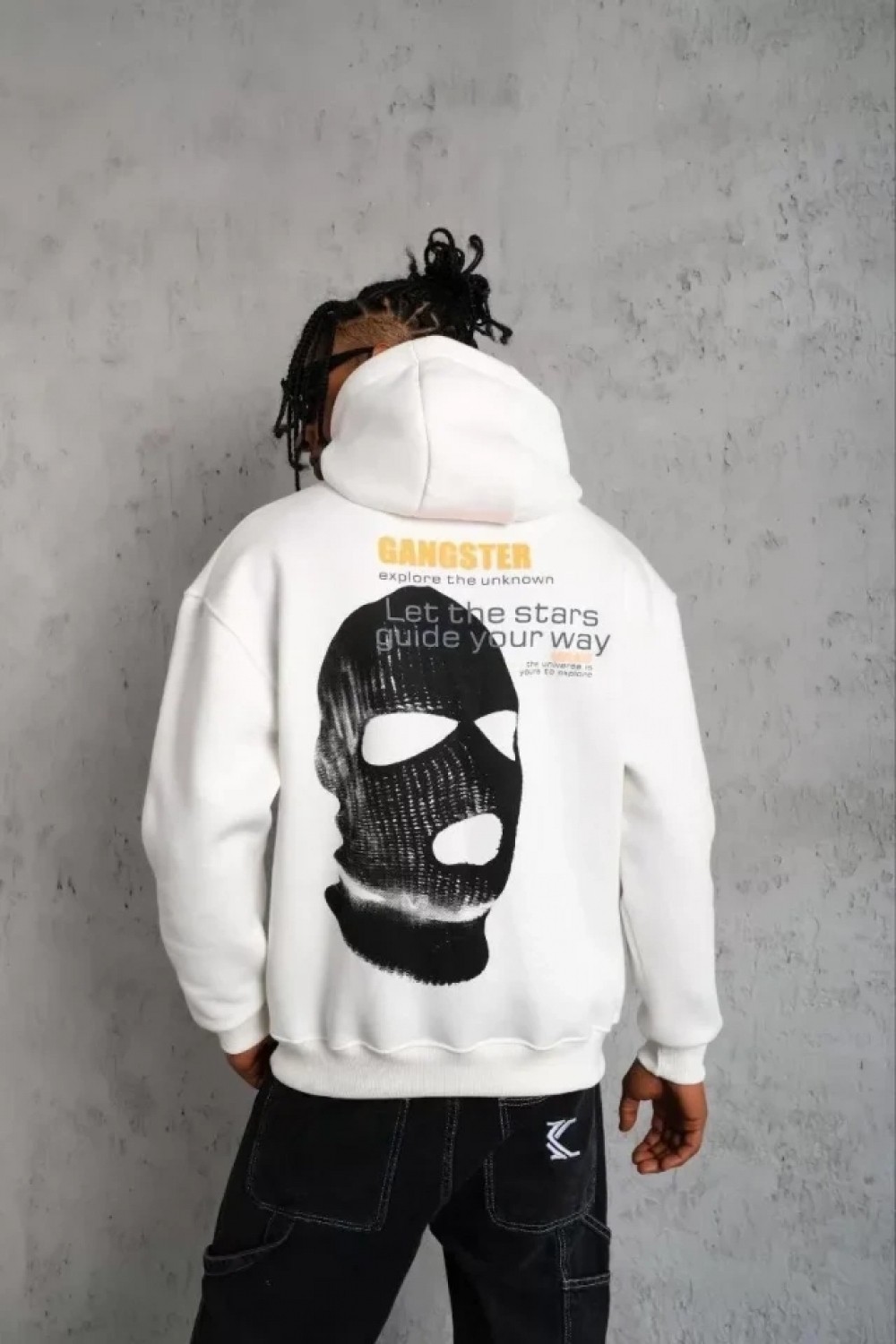 Pileli Store Erkek Kordonlu Maske Baskılı Kapüşonlu Sweat - Beyaz