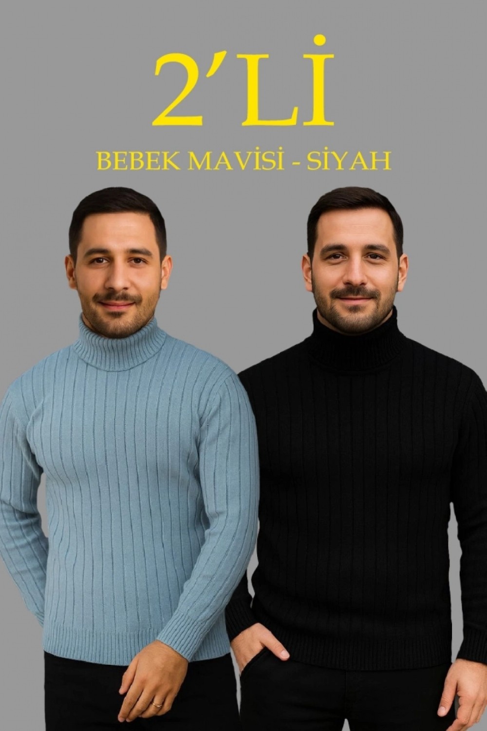 Pileli Store Erkek Fitilli Triko Kazak 2li Set Bebek Mavisi Siyah Regular Balıkcı Yaka Tam Boğazlı Triko Seti Modeli Kazak