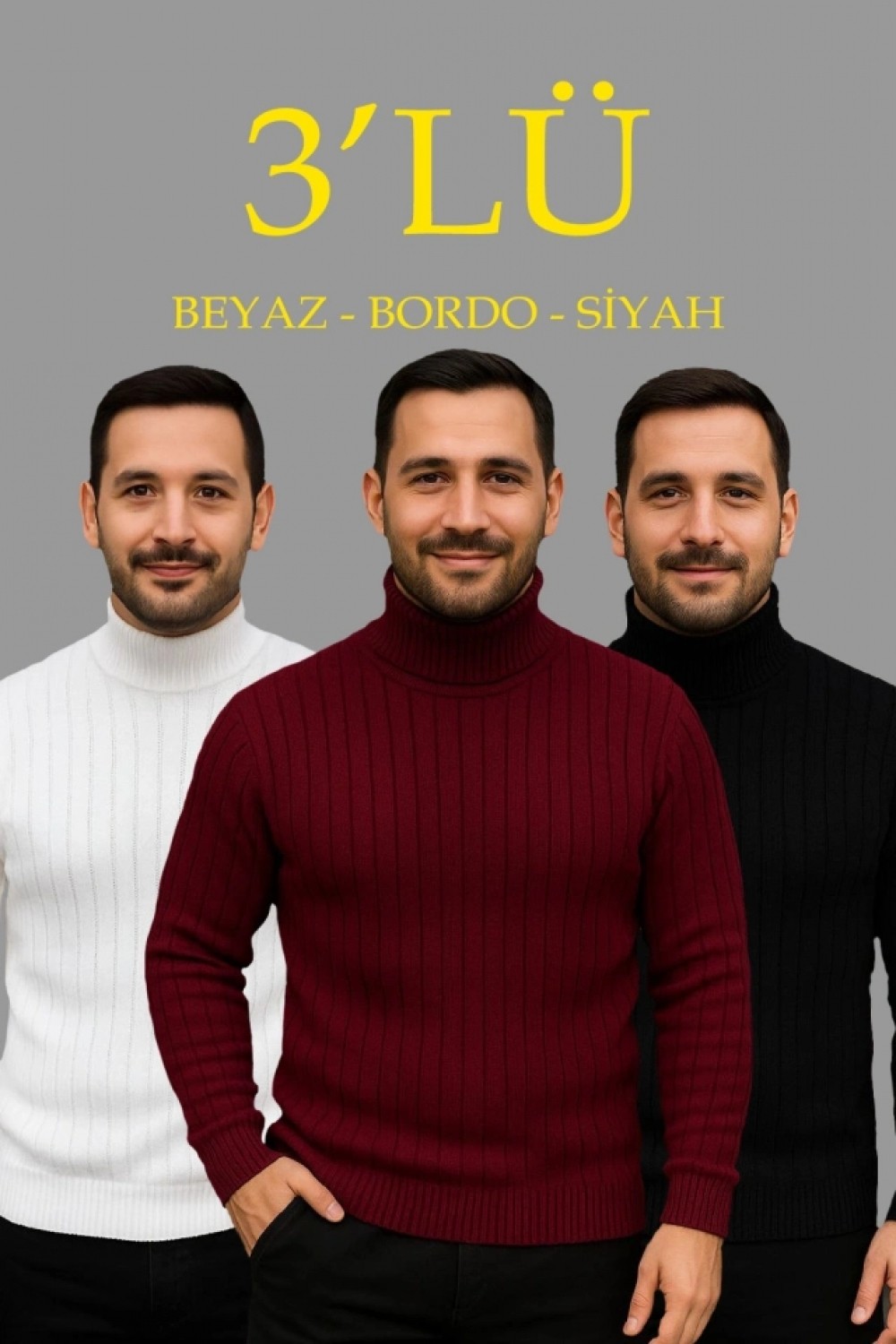 Pileli Store Erkek Fitilli Triko Kazak 3lü Set Beyaz Bordo Siyah Regular Balıkcı Yaka Tam Boğazlı Triko Seti Modeli Kazak