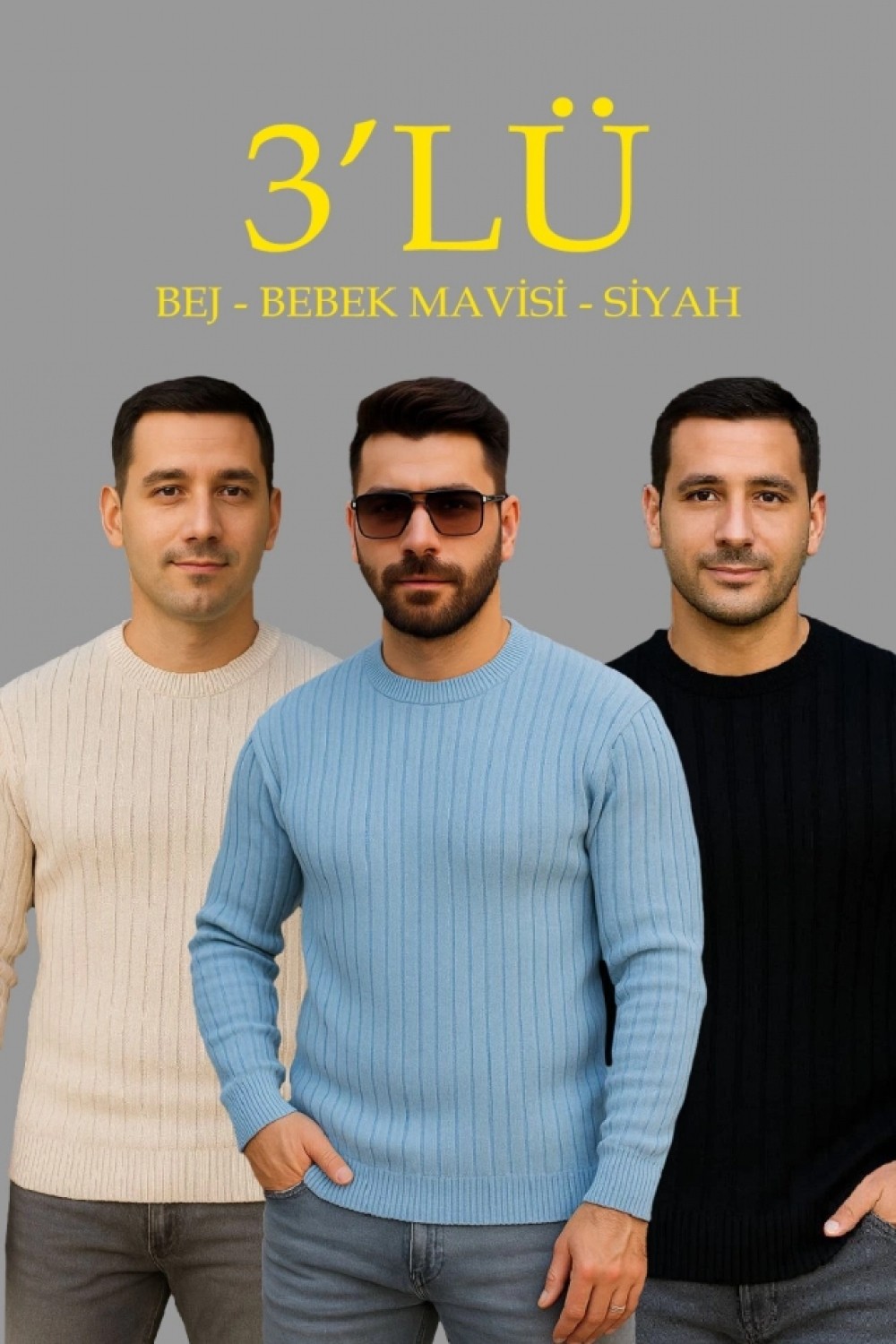 Pileli Store Erkek Fitilli Triko Kazak 3’lü Set, Bej, Bebek Mavisi, Siyahkalın Dokuma Pamuklu Regular Fit Bisiklet Yaka Uzun Kollu Kışlık ve Baharlık Rahat Triko Kombini