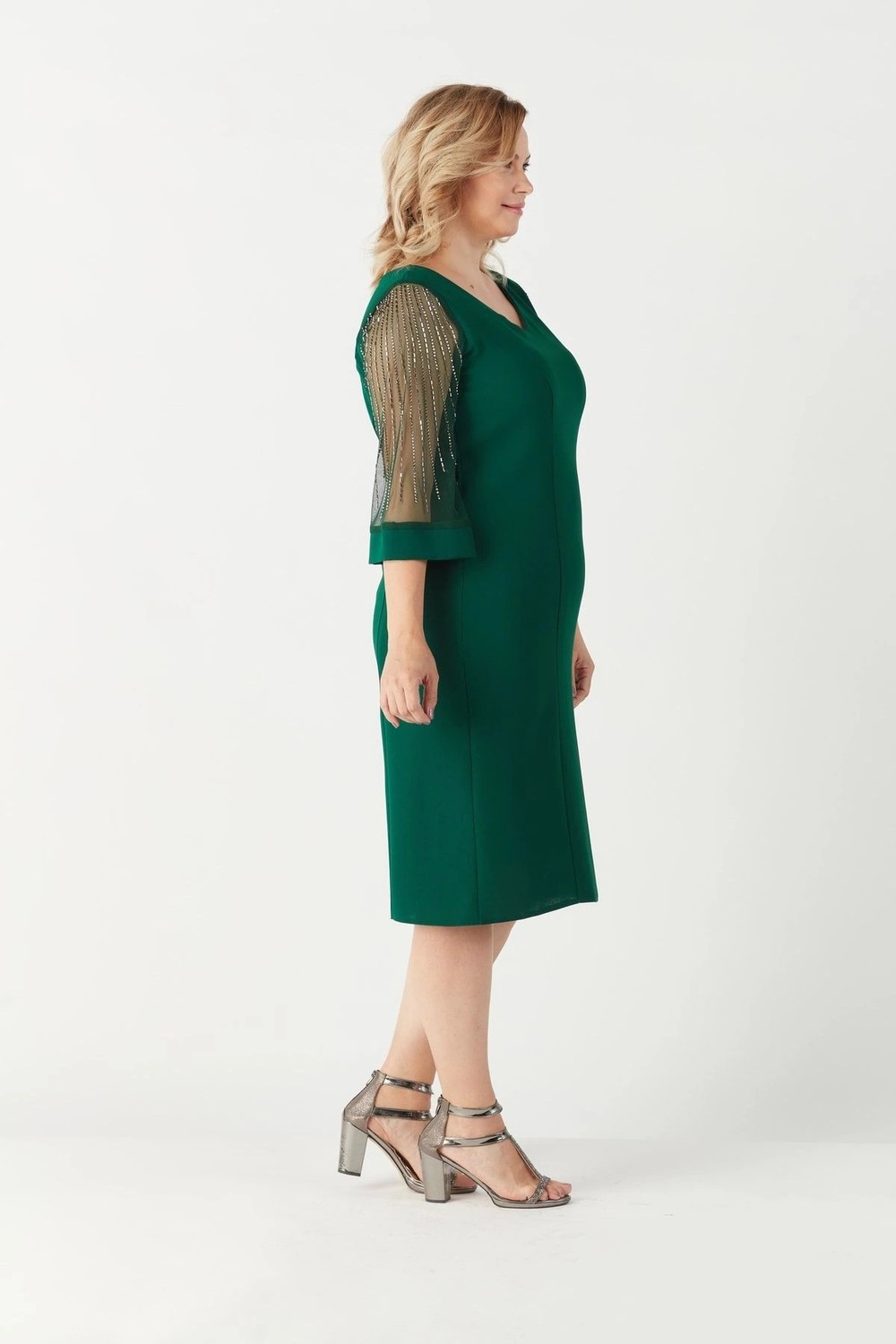 Moda Berray 1349 Yeşil Kolları Taş Işlemeli Şık Büyük Beden Kısa Abiye görsel 3