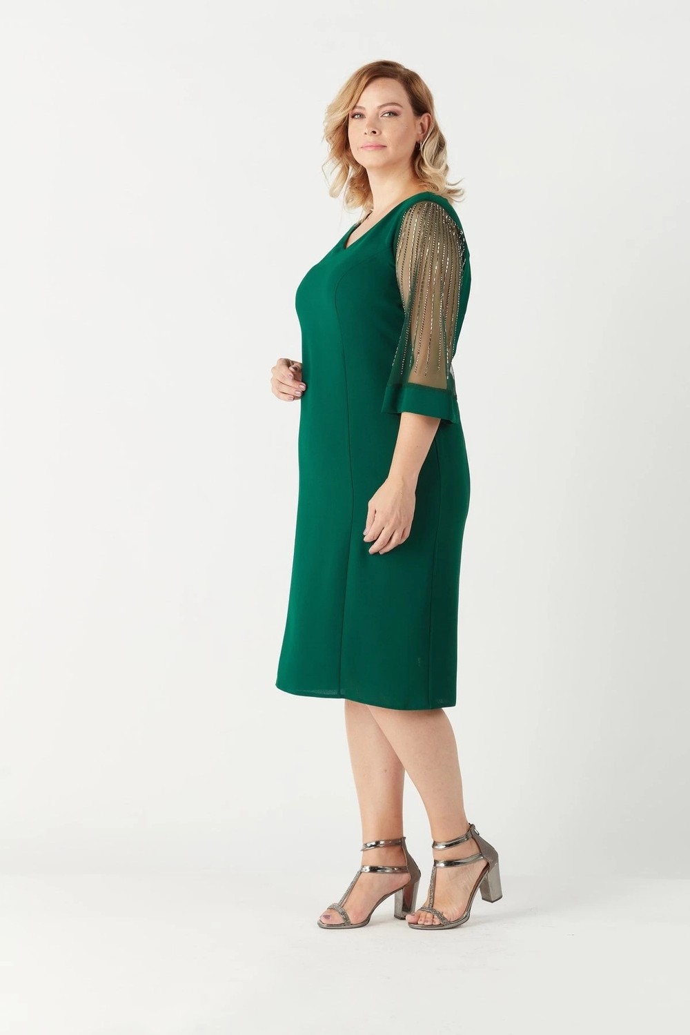 Moda Berray 1349 Yeşil Kolları Taş Işlemeli Şık Büyük Beden Kısa Abiye görsel 4