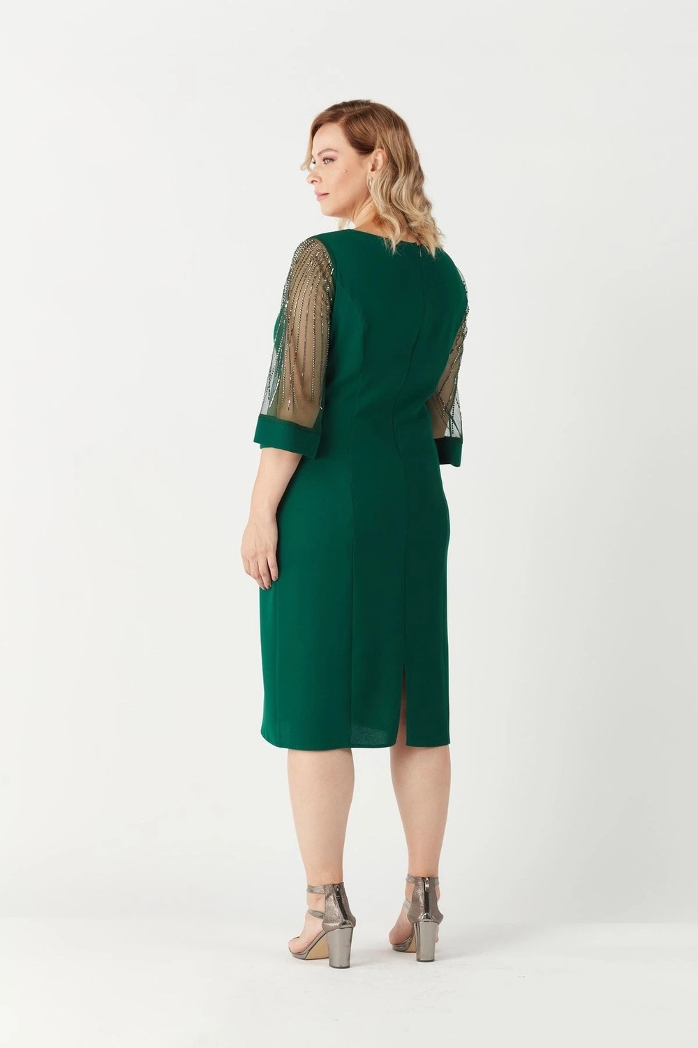 Moda Berray 1349 Yeşil Kolları Taş Işlemeli Şık Büyük Beden Kısa Abiye görsel 5