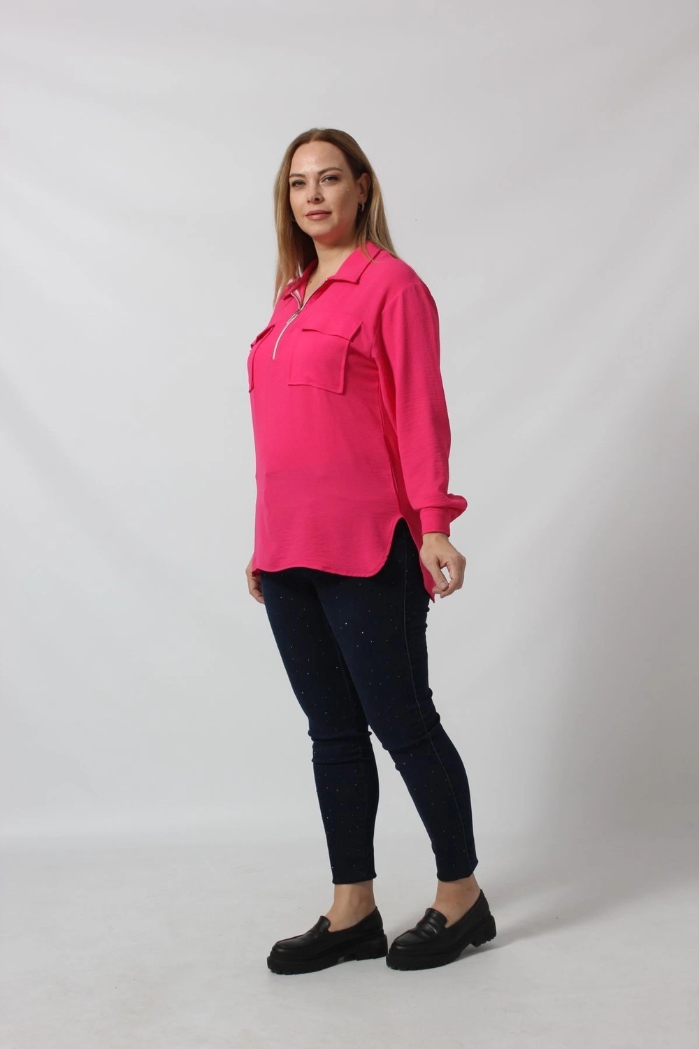 Moda Berray 3055 Yaka Fermuarlı Yandan Yırtmaçlı Gömlek