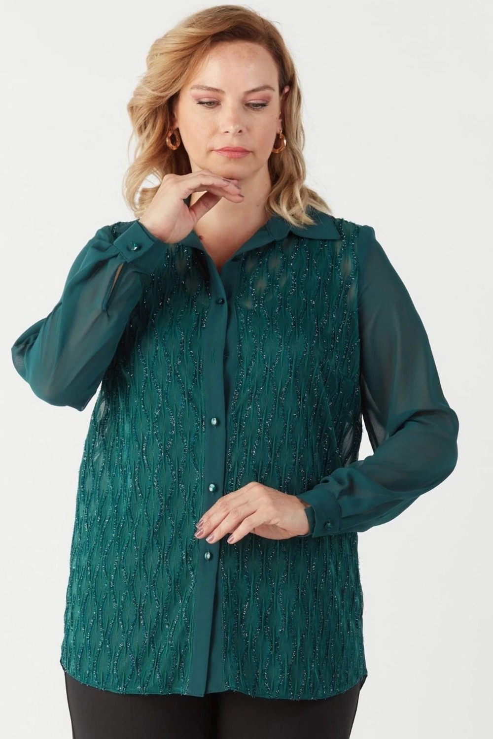 Moda Berray 3211 Simli Jakarlı Şifon Büyük Beden Şık Gömlek Yeşil