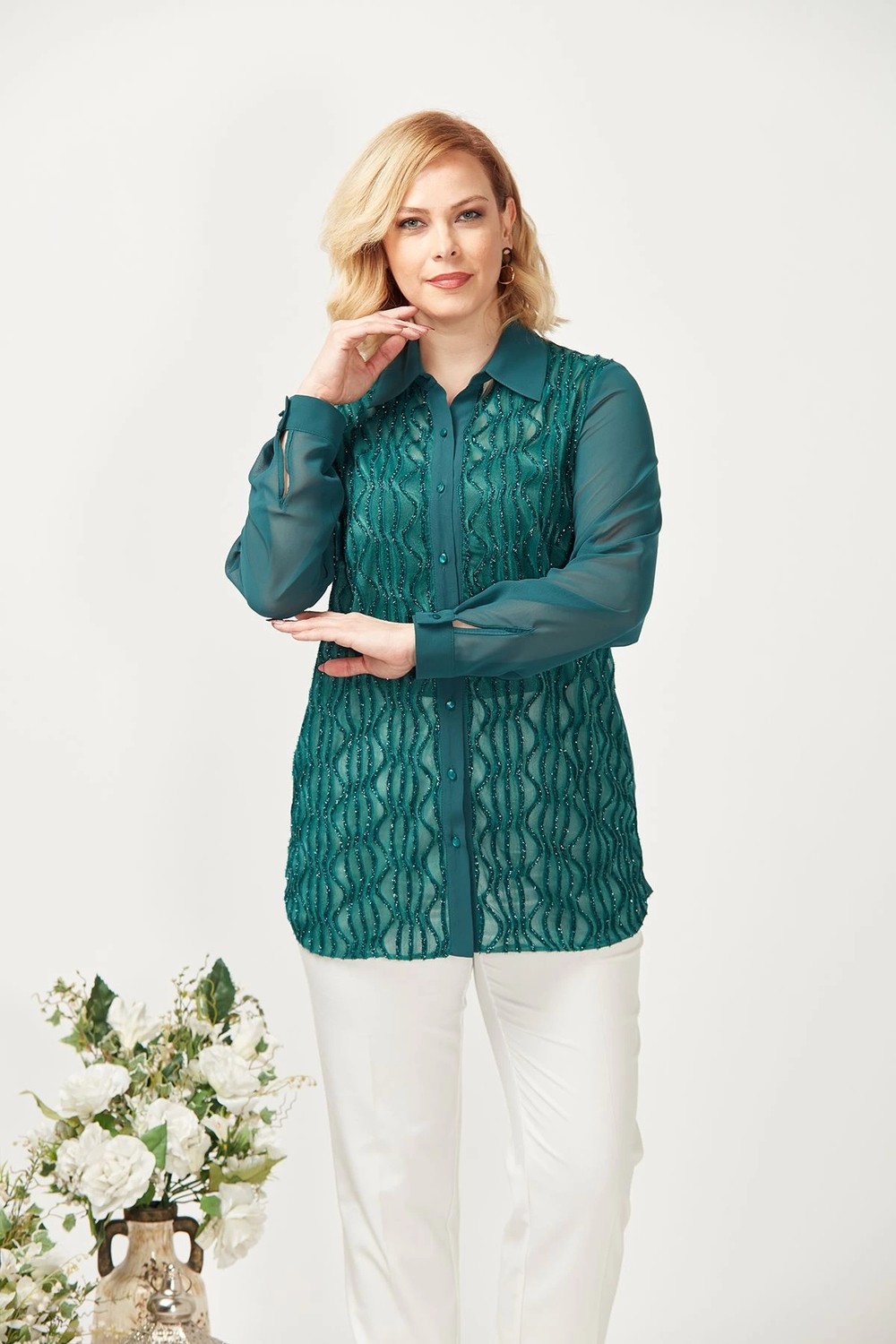 Moda Berray 3211 Simli Jakarlı Şifon Büyük Beden Şık Gömlek Yeşil görsel 2