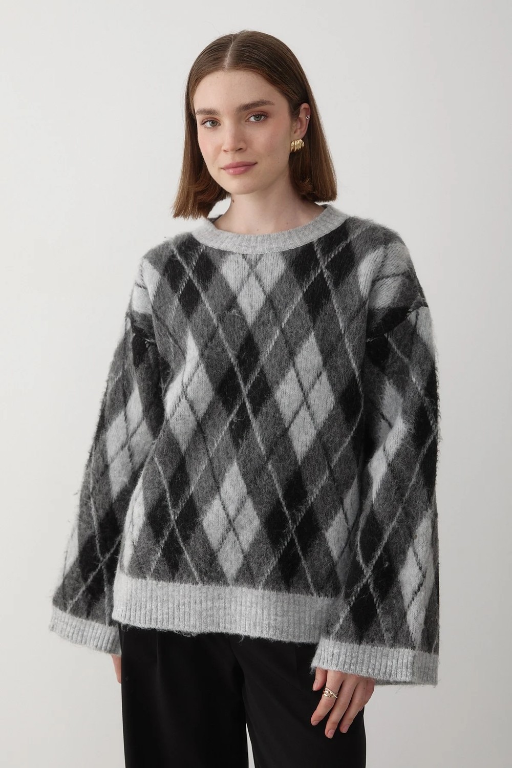 Jaste Kadın Mavi Oversize Argyle Desenli Triko Kazak