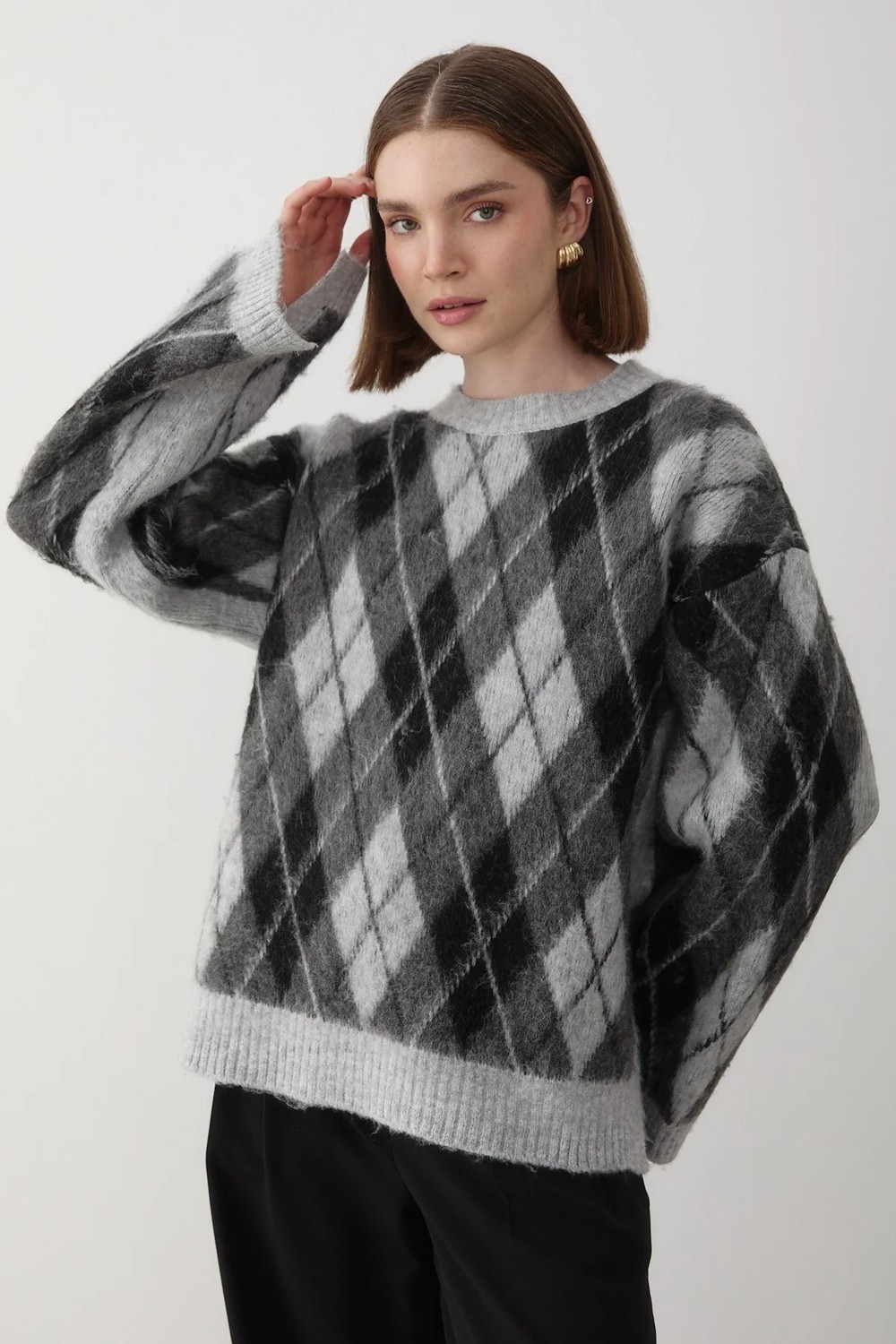 Jaste Kadın Mavi Oversize Argyle Desenli Triko Kazak görsel 2