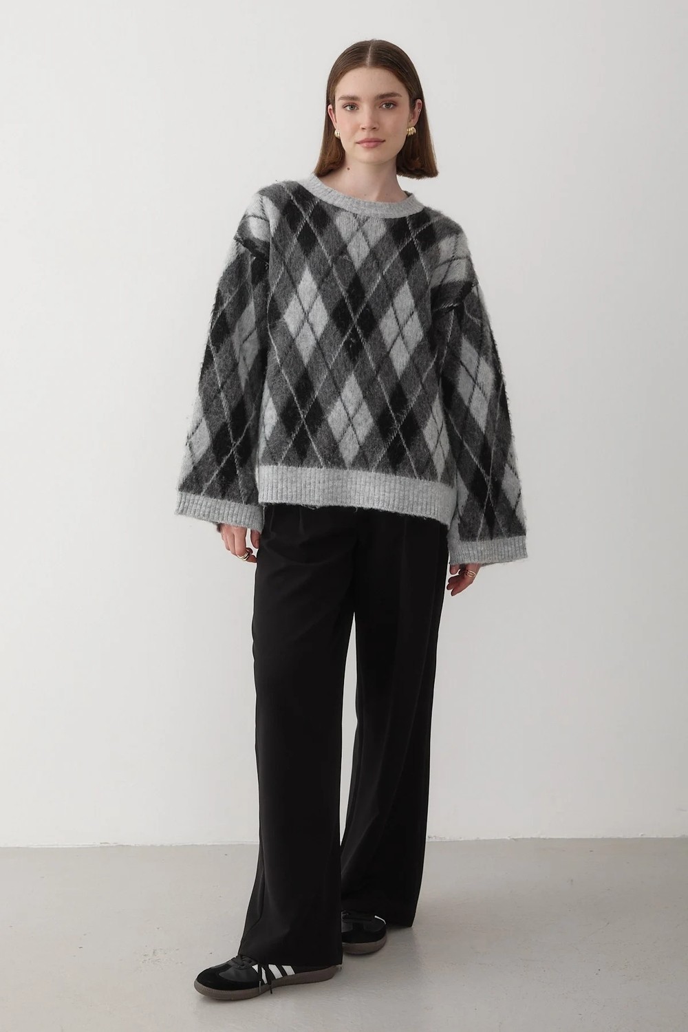 Jaste Kadın Mavi Oversize Argyle Desenli Triko Kazak görsel 3