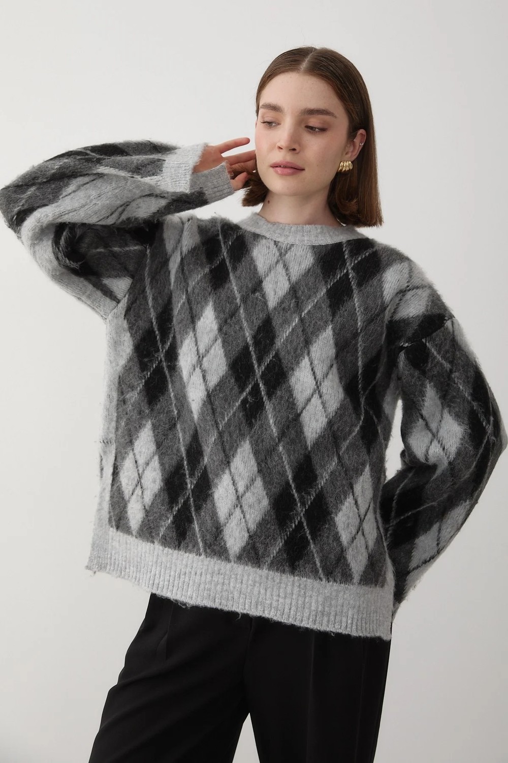 Jaste Kadın Mavi Oversize Argyle Desenli Triko Kazak görsel 4
