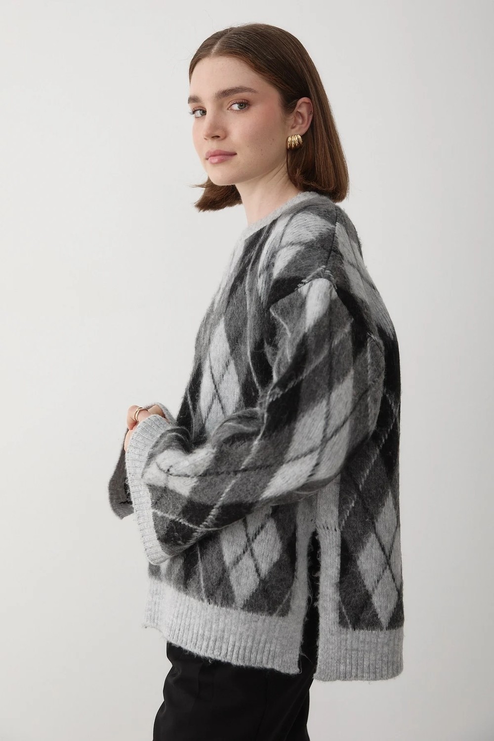 Jaste Kadın Mavi Oversize Argyle Desenli Triko Kazak görsel 5