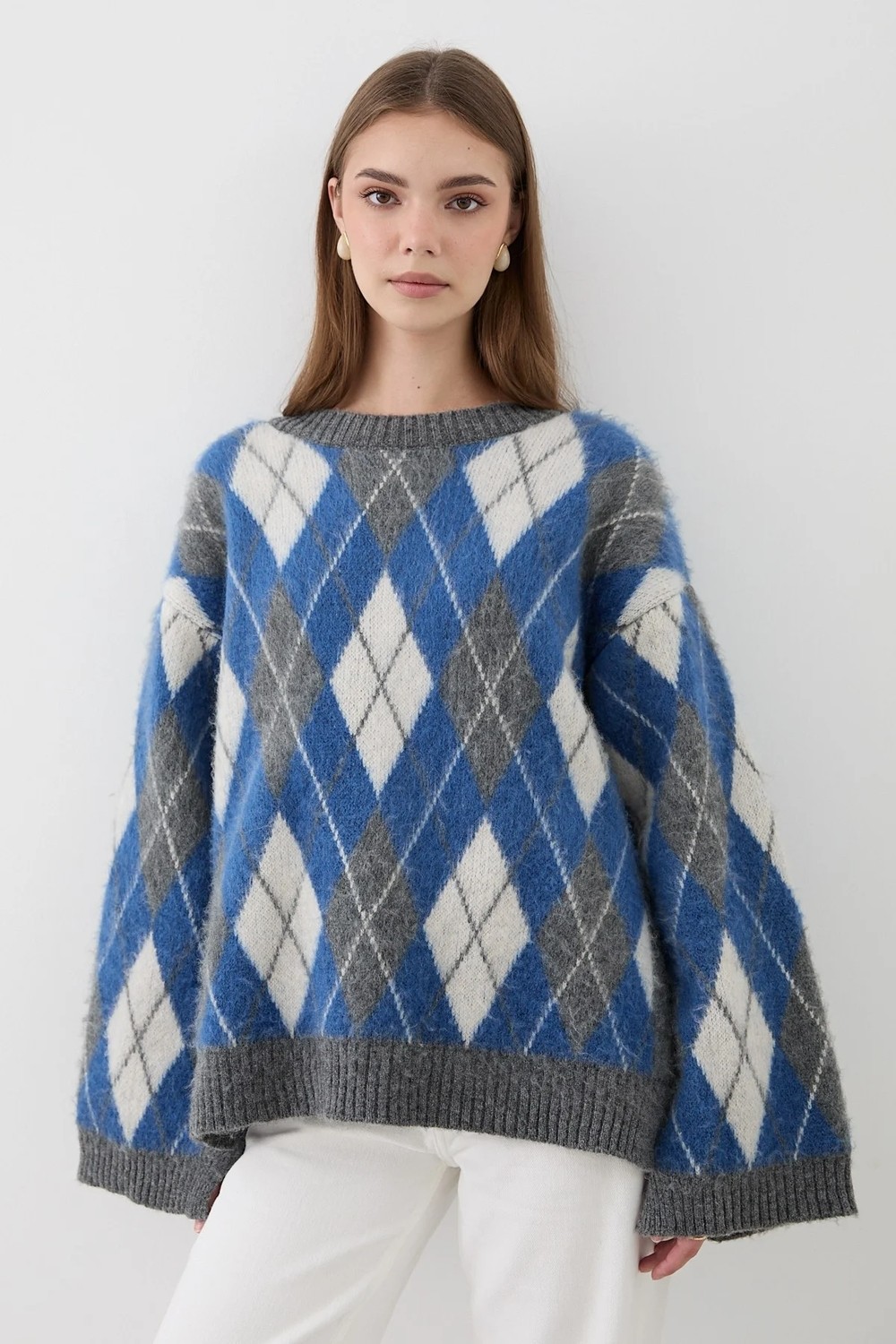Jaste Kadın Mavi Oversize Argyle Desenli Triko Kazak