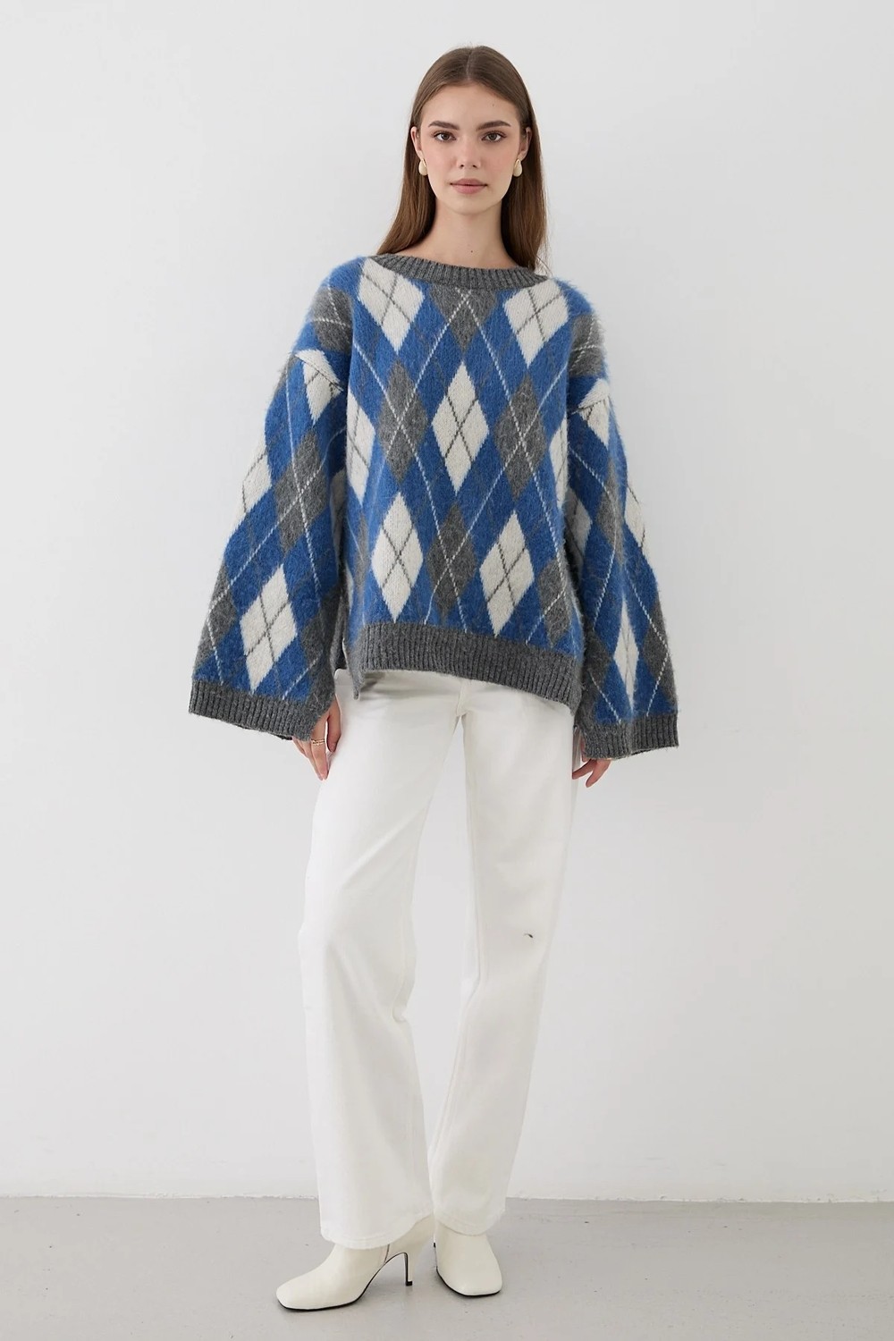 Jaste Kadın Mavi Oversize Argyle Desenli Triko Kazak görsel 7