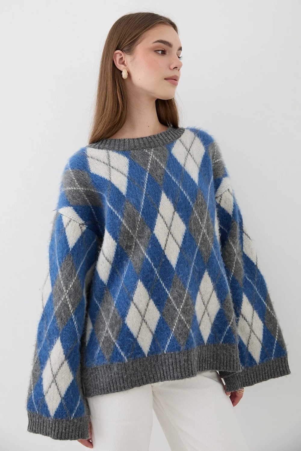Jaste Kadın Mavi Oversize Argyle Desenli Triko Kazak görsel 8
