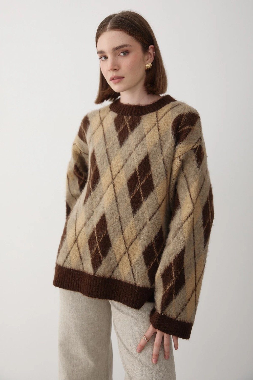 Jaste Kadın Mavi Oversize Argyle Desenli Triko Kazak