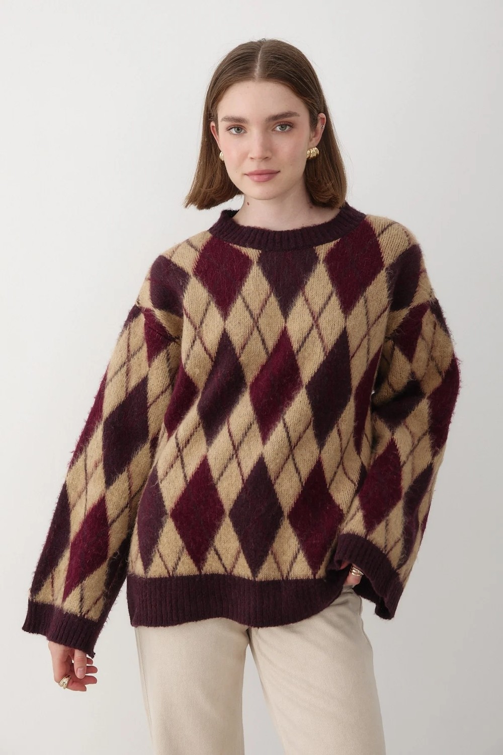 Jaste Kadın Mavi Oversize Argyle Desenli Triko Kazak