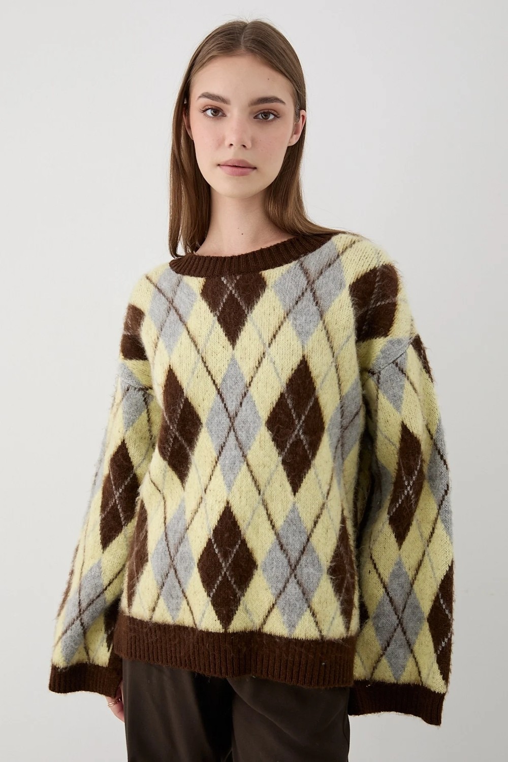 Jaste Kadın Mavi Oversize Argyle Desenli Triko Kazak
