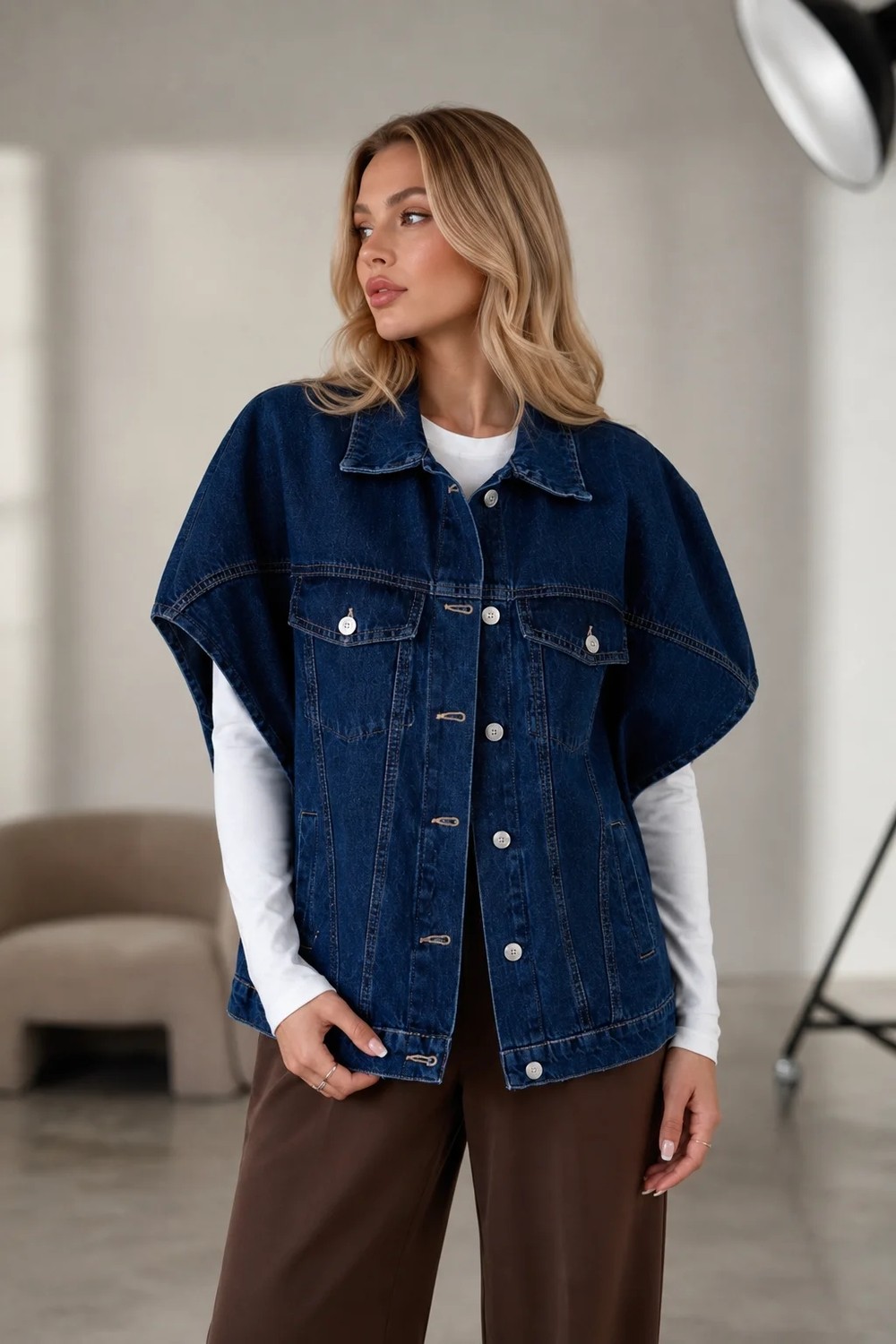 Shevega Kadın Lacivert Oversize Panço Kolsuz Kot Denim Jean Yelek