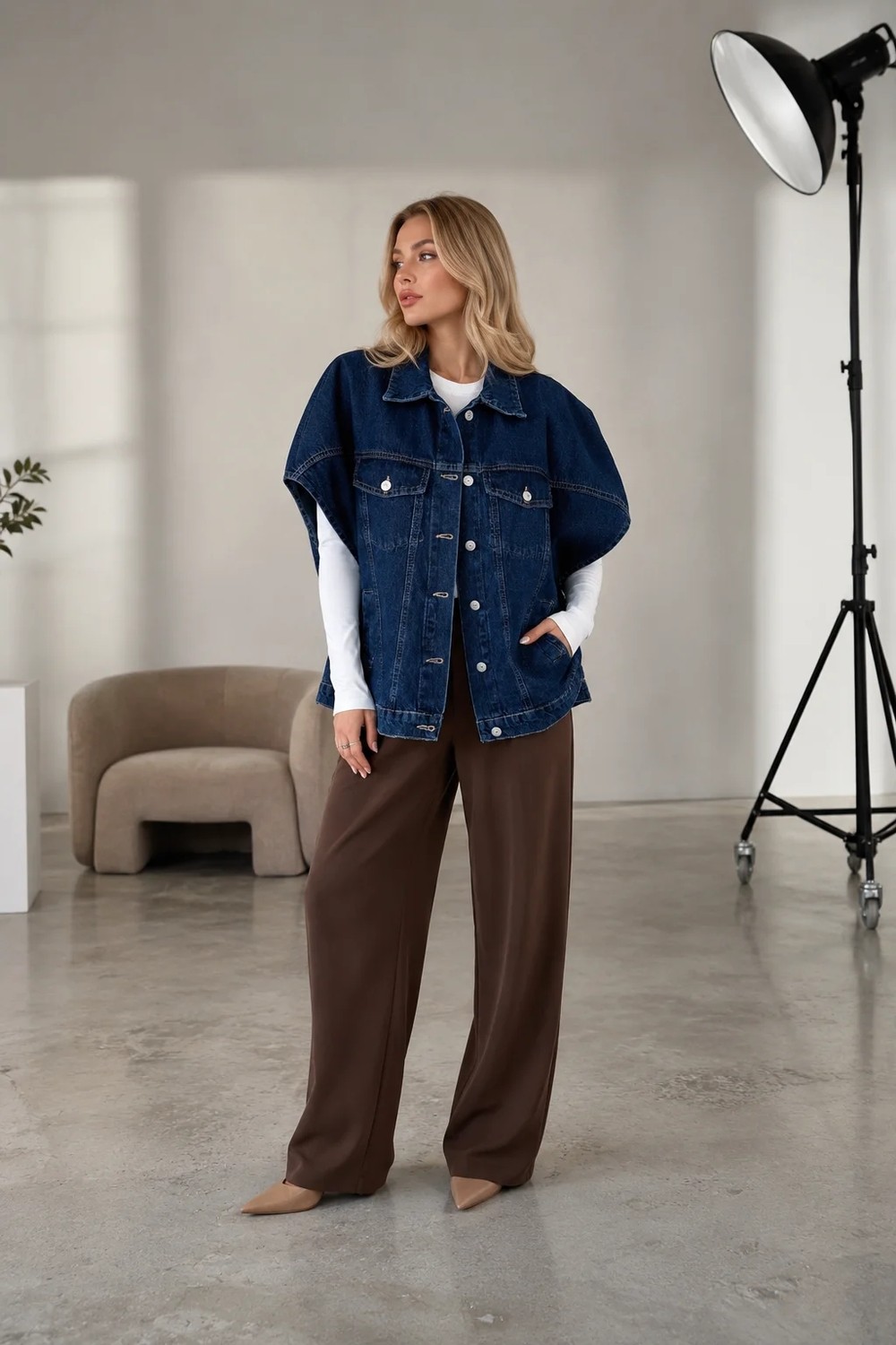 Shevega Kadın Lacivert Oversize Panço Kolsuz Kot Denim Jean Yelek görsel 2