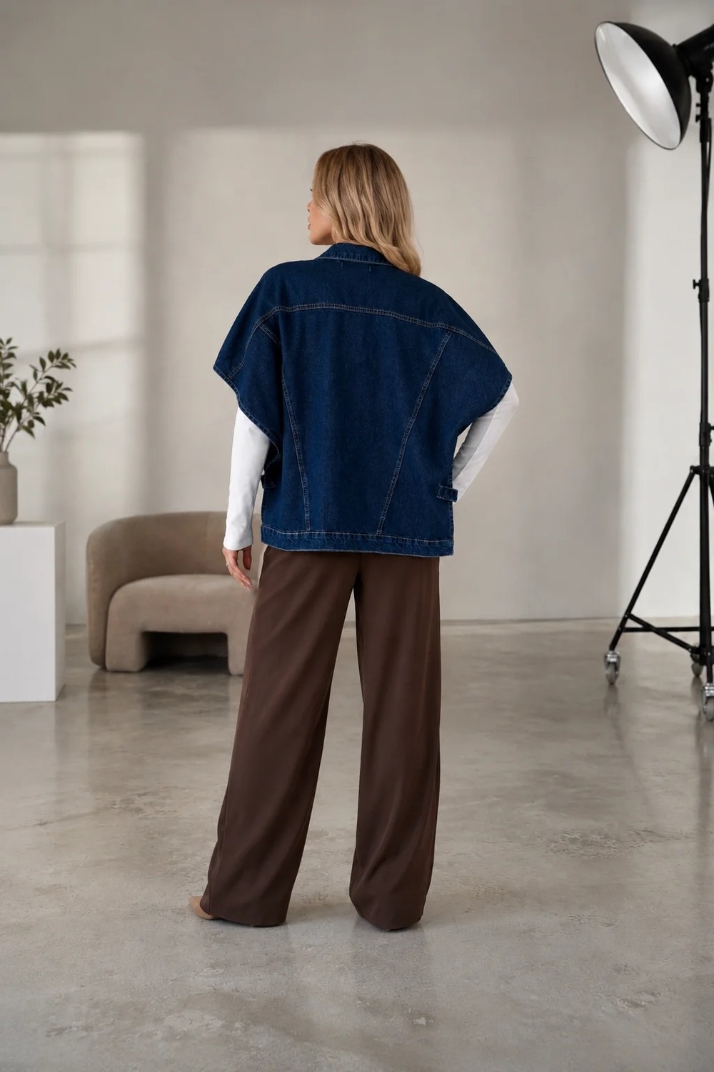 Shevega Kadın Lacivert Oversize Panço Kolsuz Kot Denim Jean Yelek görsel 3