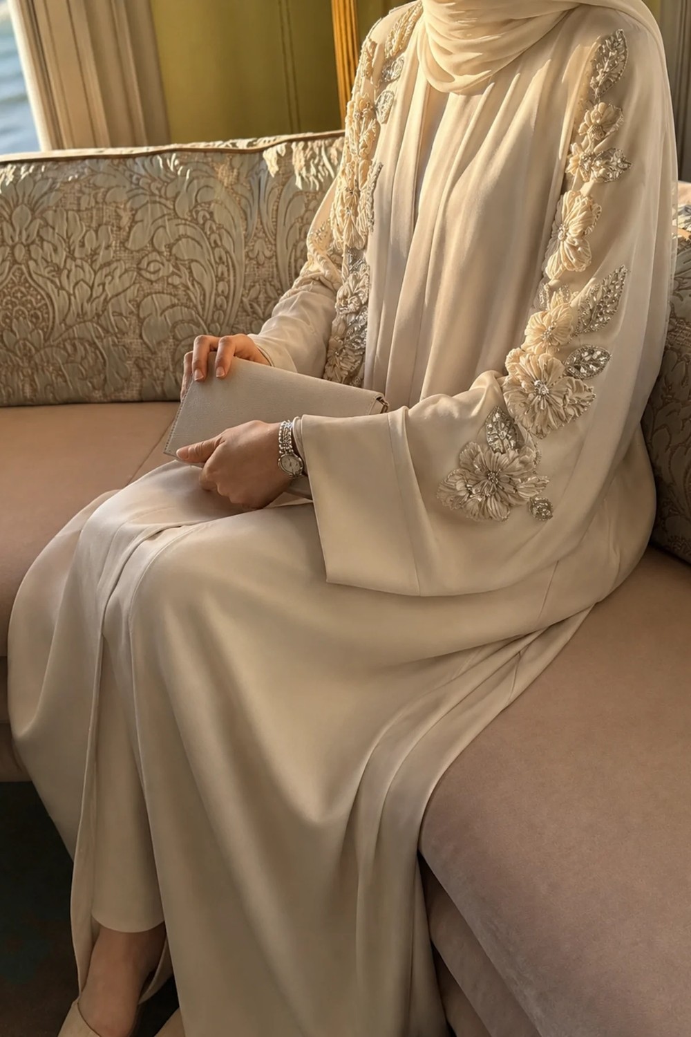 Nazzain Abraham Saten Nakış Detaylı Abaya Elbise Bej