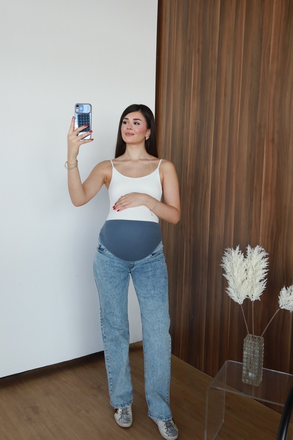 Bqess Hamile Karnı Saran Esnek Bantlı Açık Mavi Rahat Kesim Düz Paça Jean Pantolon görsel 2