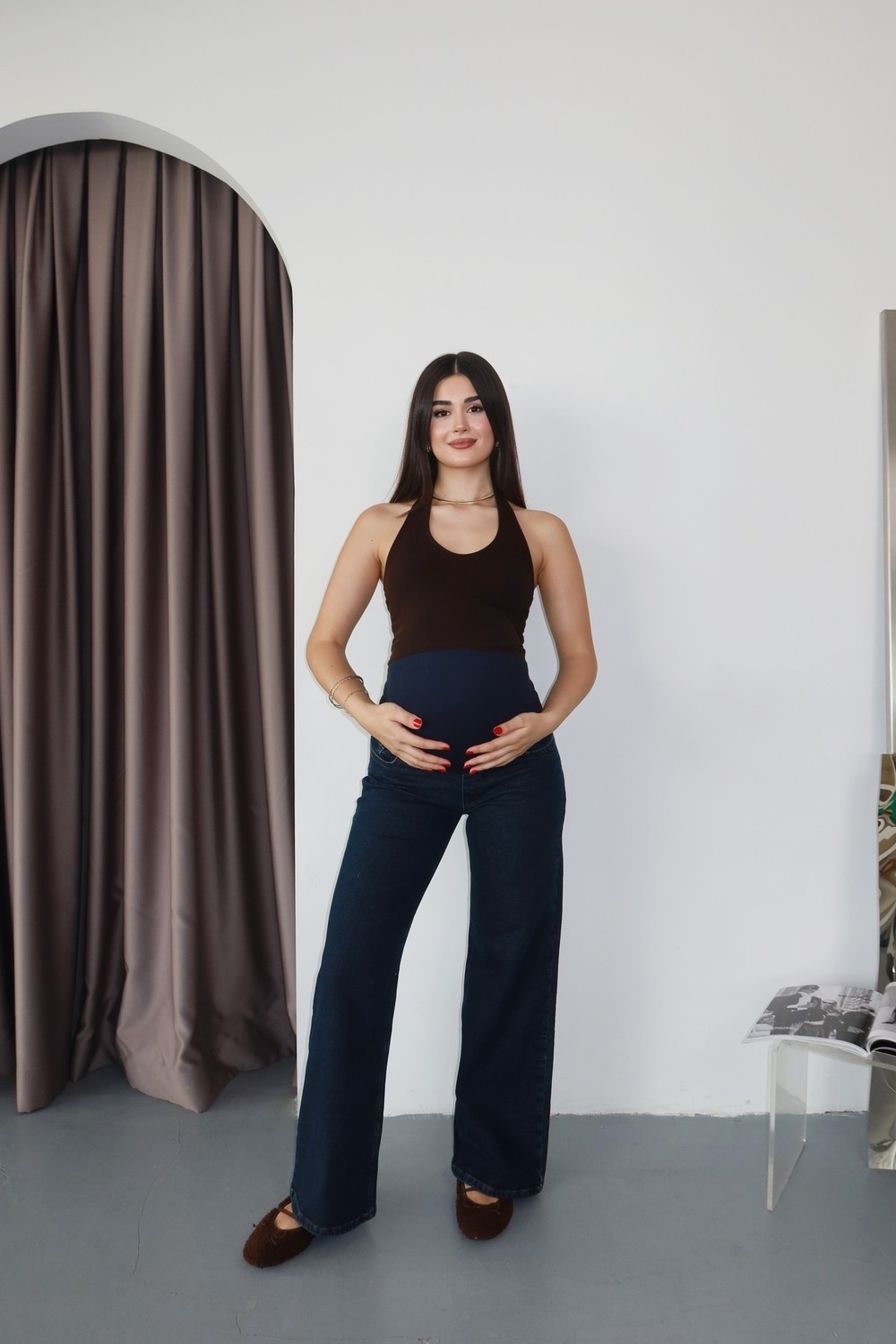 Bqess Hamile Karnı Saran Esnek Bantlı Koyu Mavi Bol Paça Jean Pantolon